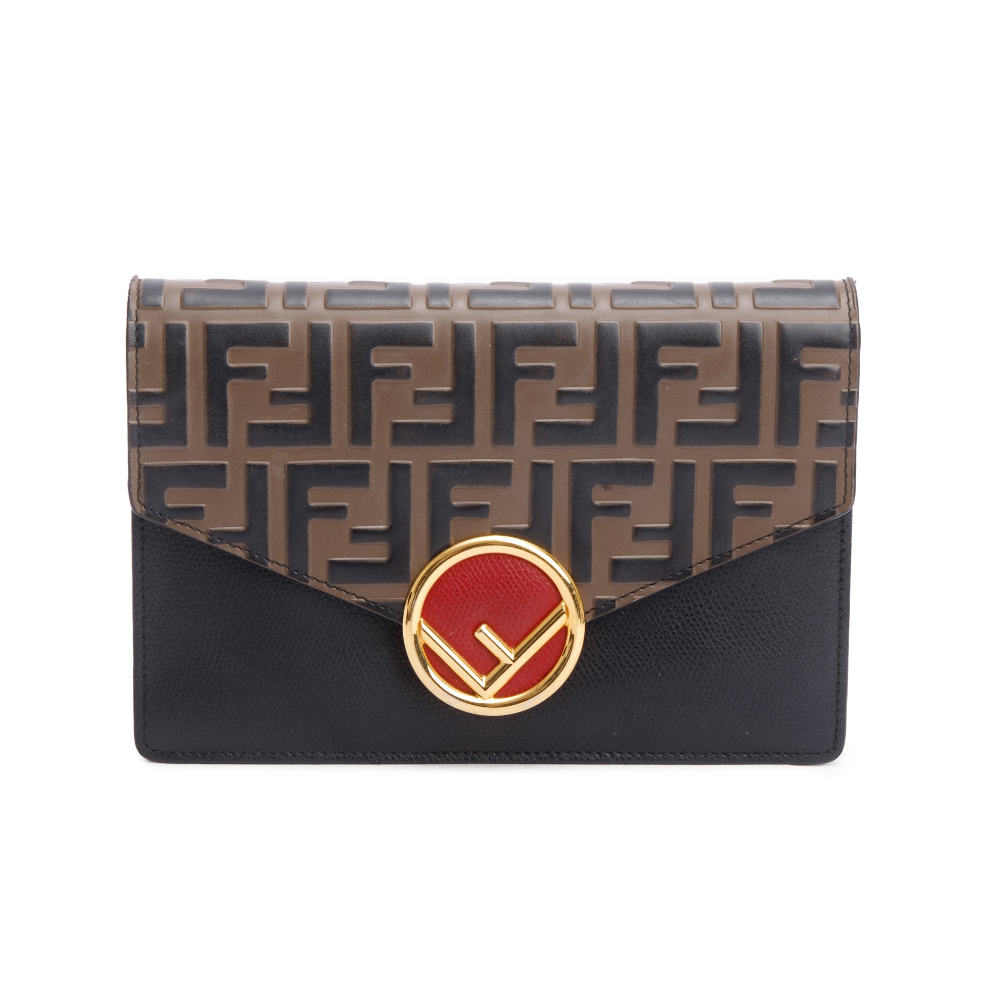Fendi Brown/Black FF 1974 Embossed Leather F is Fendi Envelope Wallet on Chain