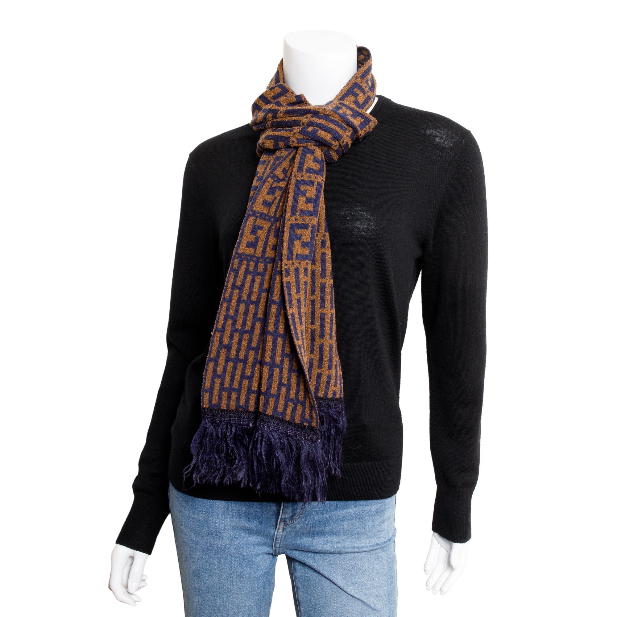 Fendi Brown/Blue Wool Zucca FF Logo Scarf