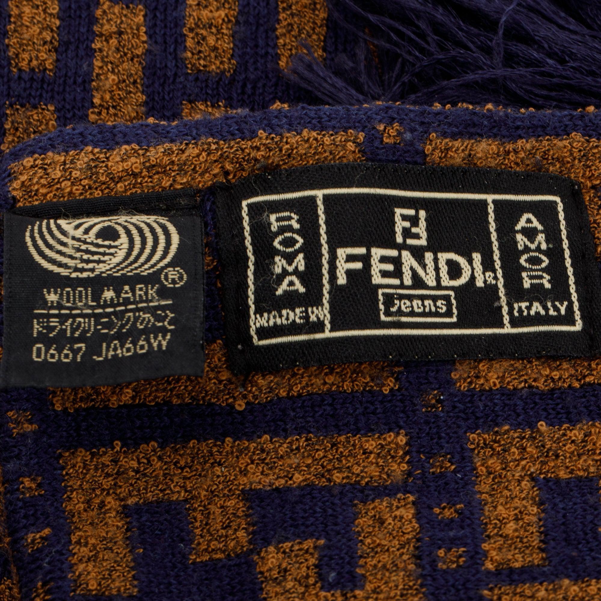 Fendi Brown/Blue Wool Zucca FF Logo Scarf