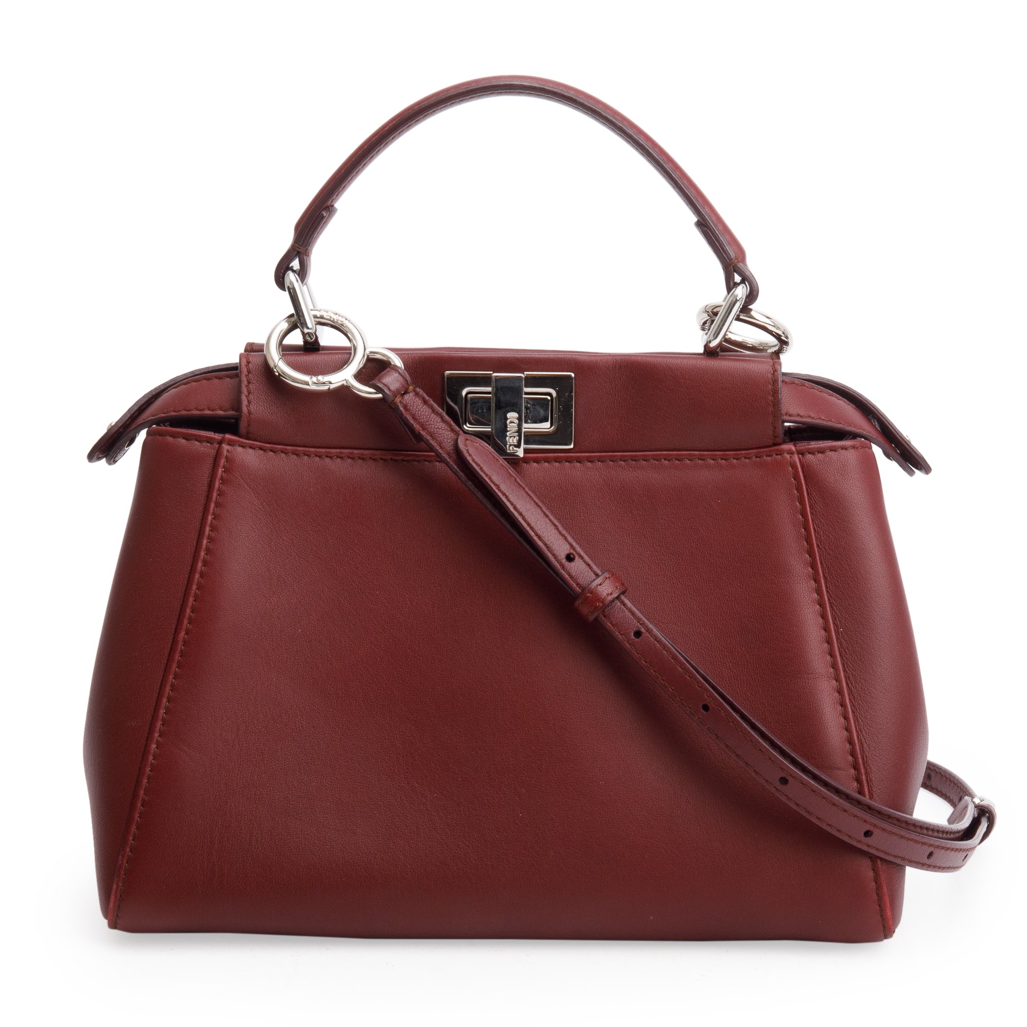 Fendi Burgundy Calfskin Leather Mini Peekaboo Bag w/ Strap & Receipt