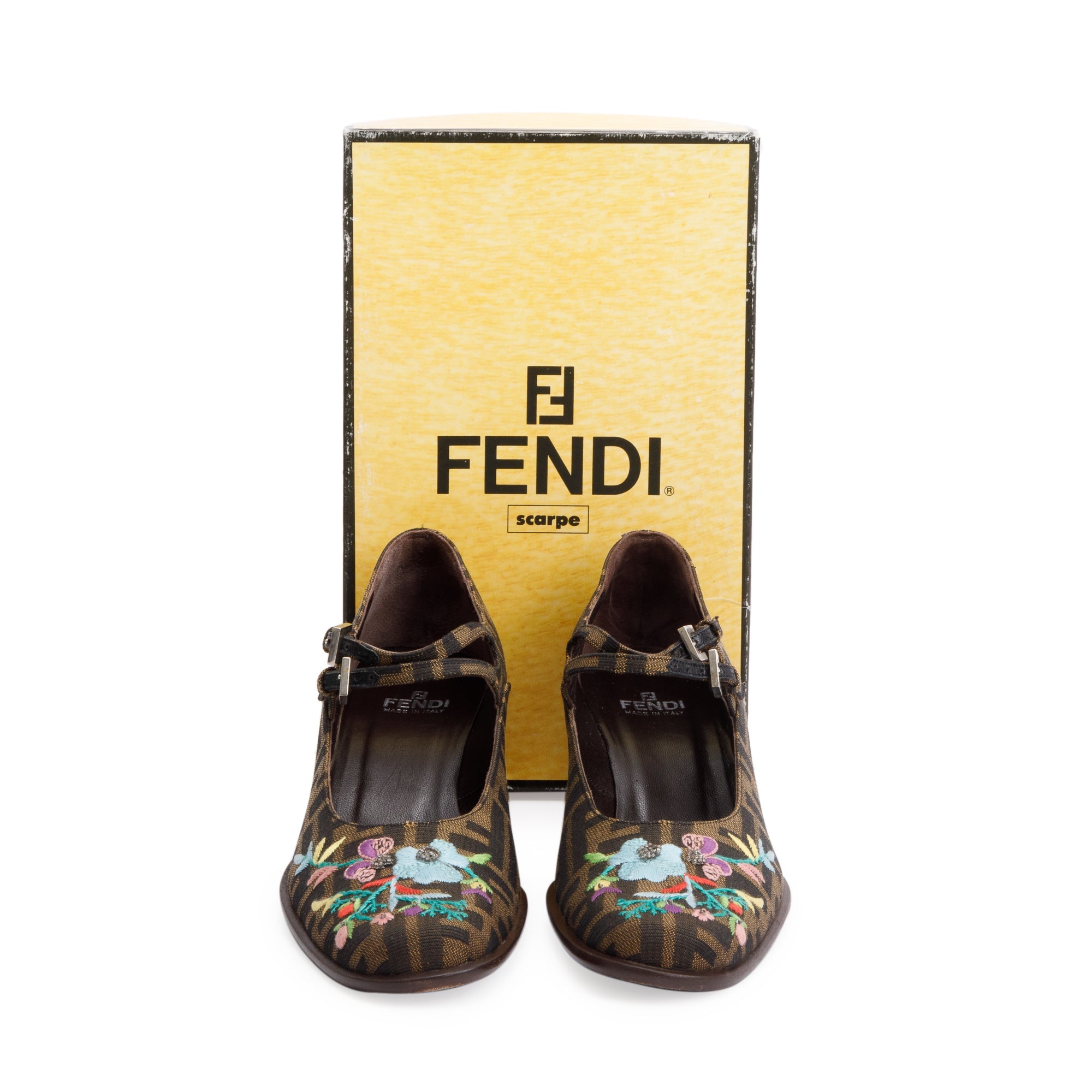 Fendi Embroidered FF Zucca Canvas Mary Jane Pumps, Size 10 w/ Box