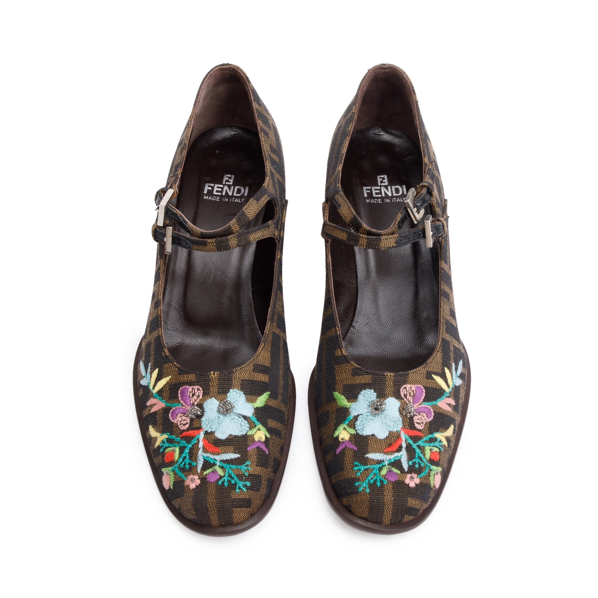 Fendi Embroidered FF Zucca Canvas Mary Jane Pumps, Size 10 w/ Box