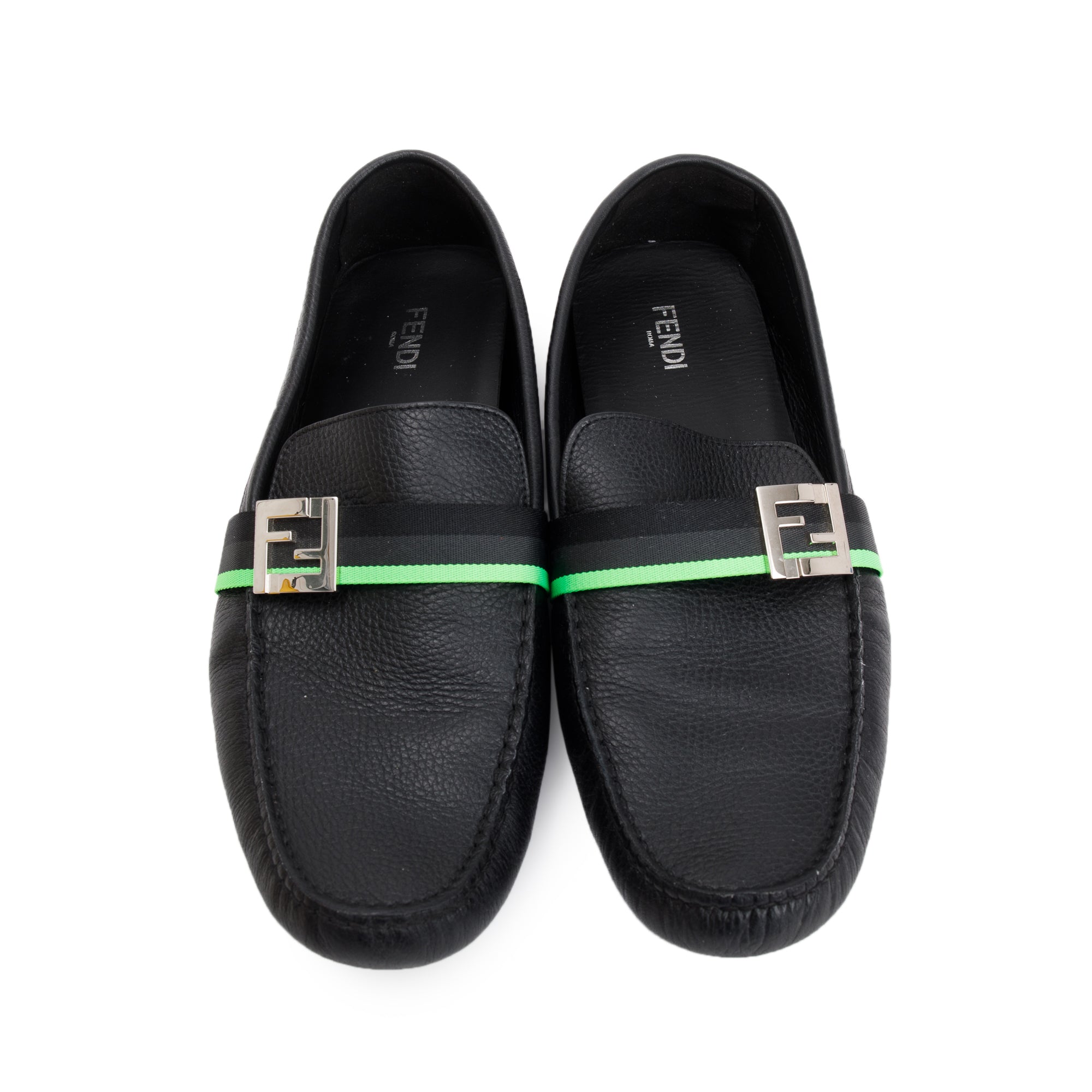 Fendi FF Black Leather Loafers, Size 11 w/ Box