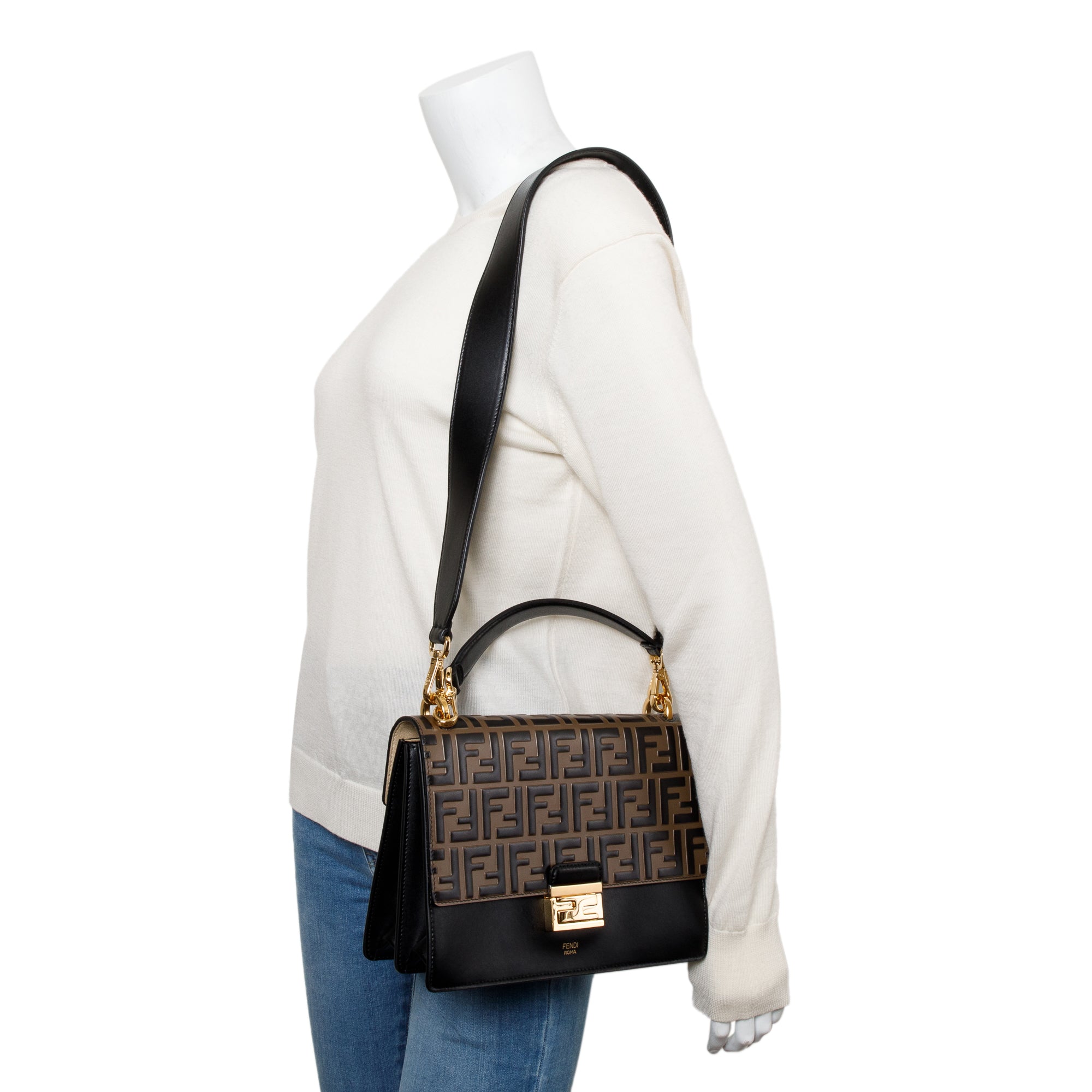 Fendi FF Embossed & Black Calfskin Leather Kan I Shoulder Bag w/ Straps