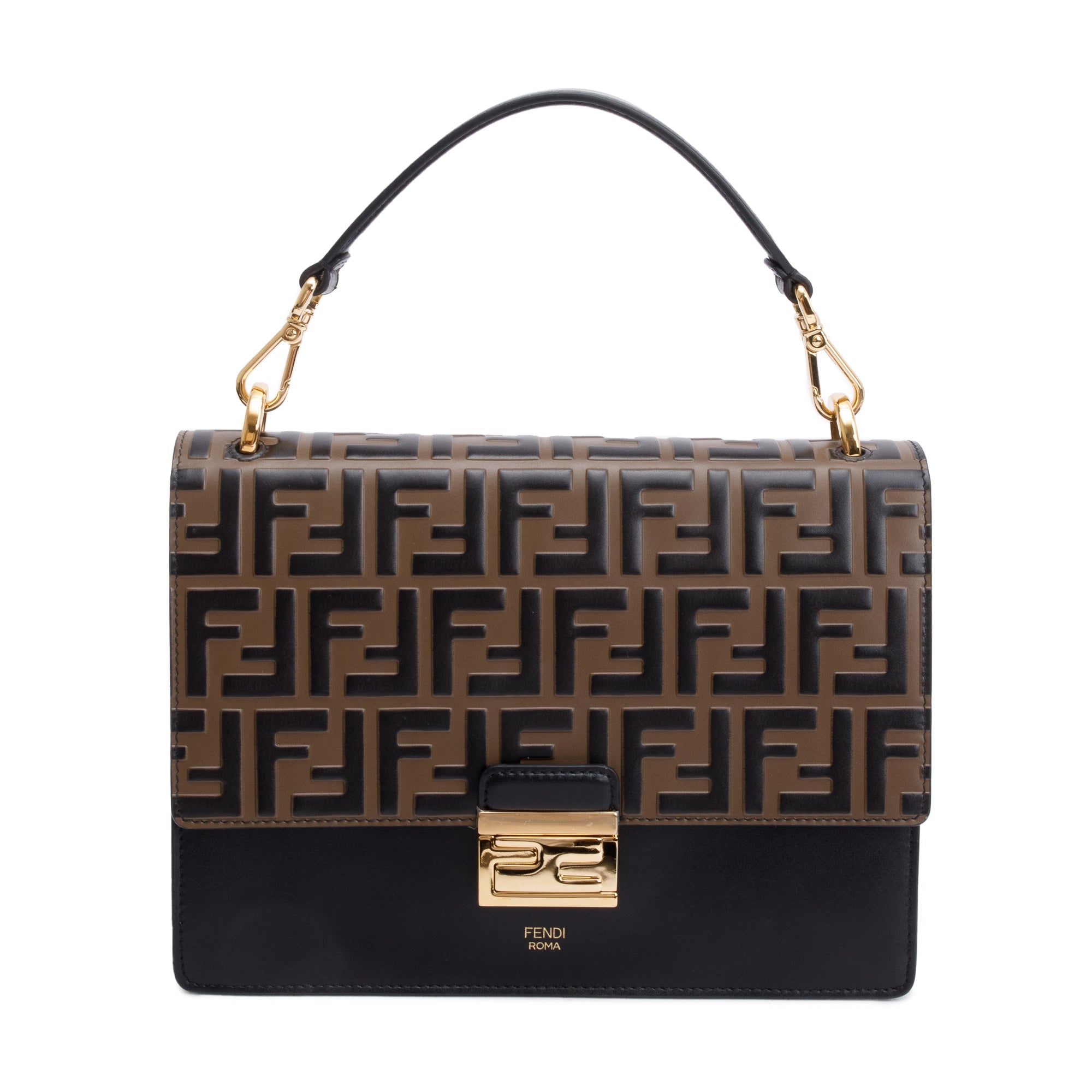 Fendi FF Embossed & Black Calfskin Leather Kan I Shoulder Bag w/ Straps