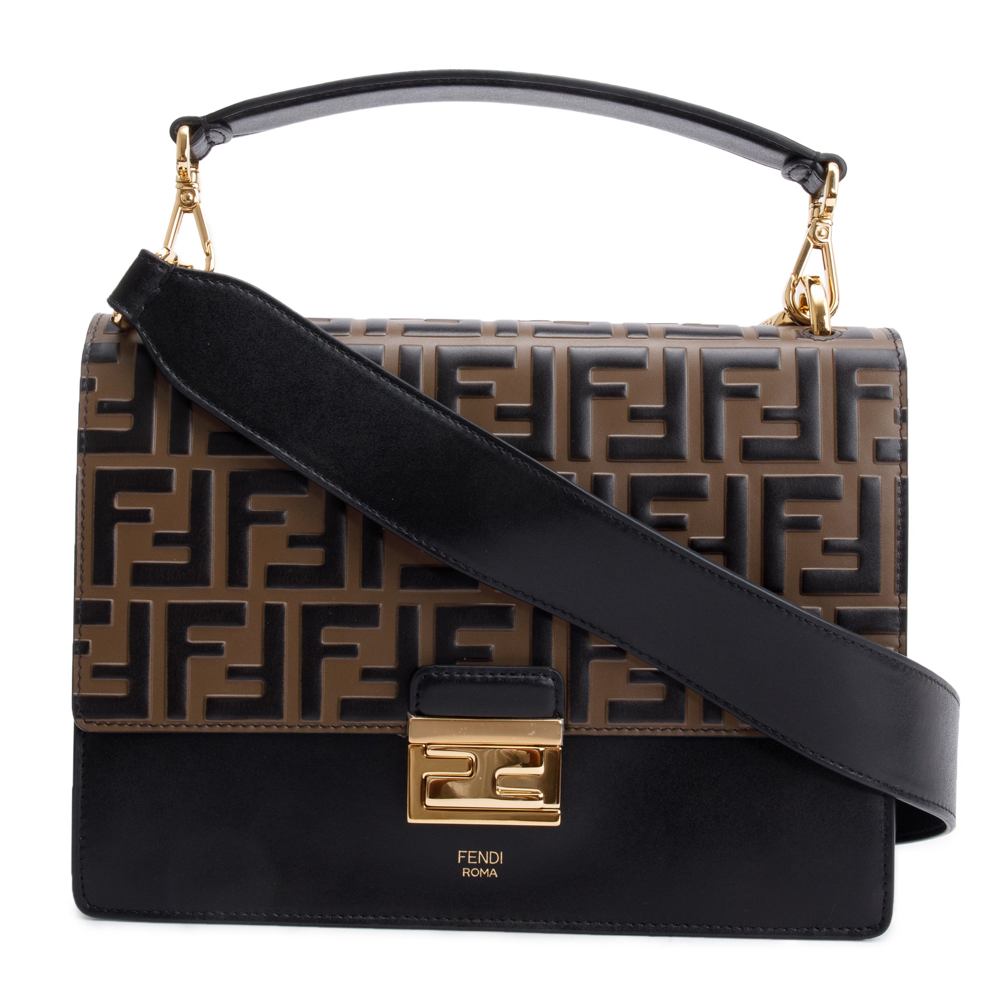 Fendi FF Embossed & Black Calfskin Leather Kan I Shoulder Bag w/ Straps