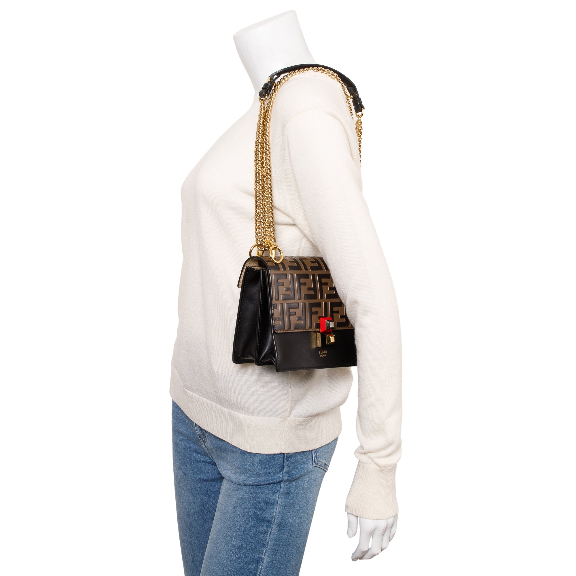 Fendi FF Embossed & Black Calfskin Leather Small Kan I Shoulder Bag