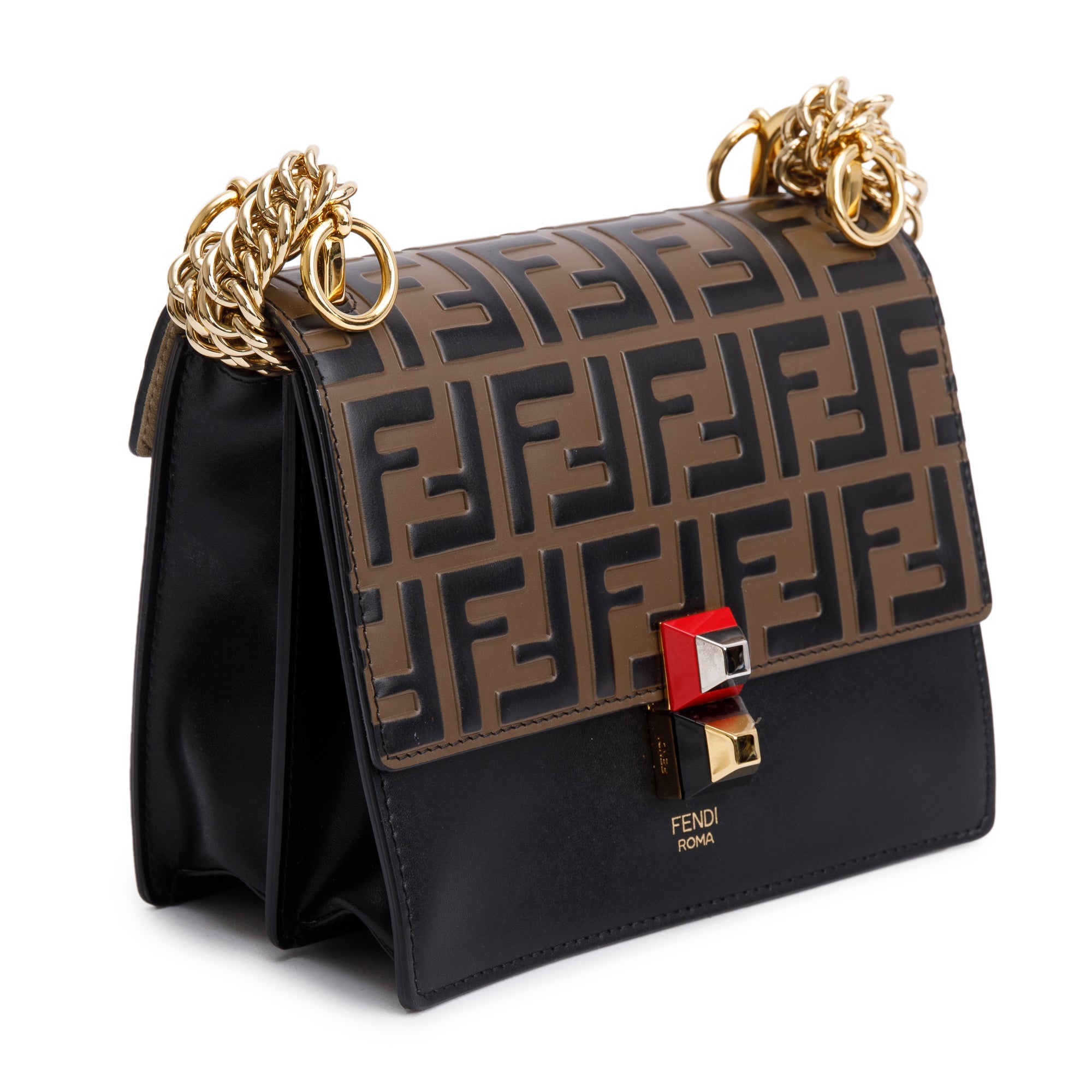 Fendi FF Embossed & Black Calfskin Leather Small Kan I Shoulder Bag