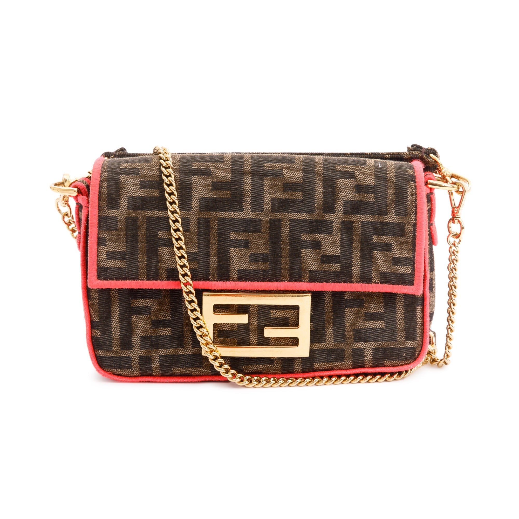 Fendi FF Zucca Canvas Mini Chain Baguette Crossbody Bag