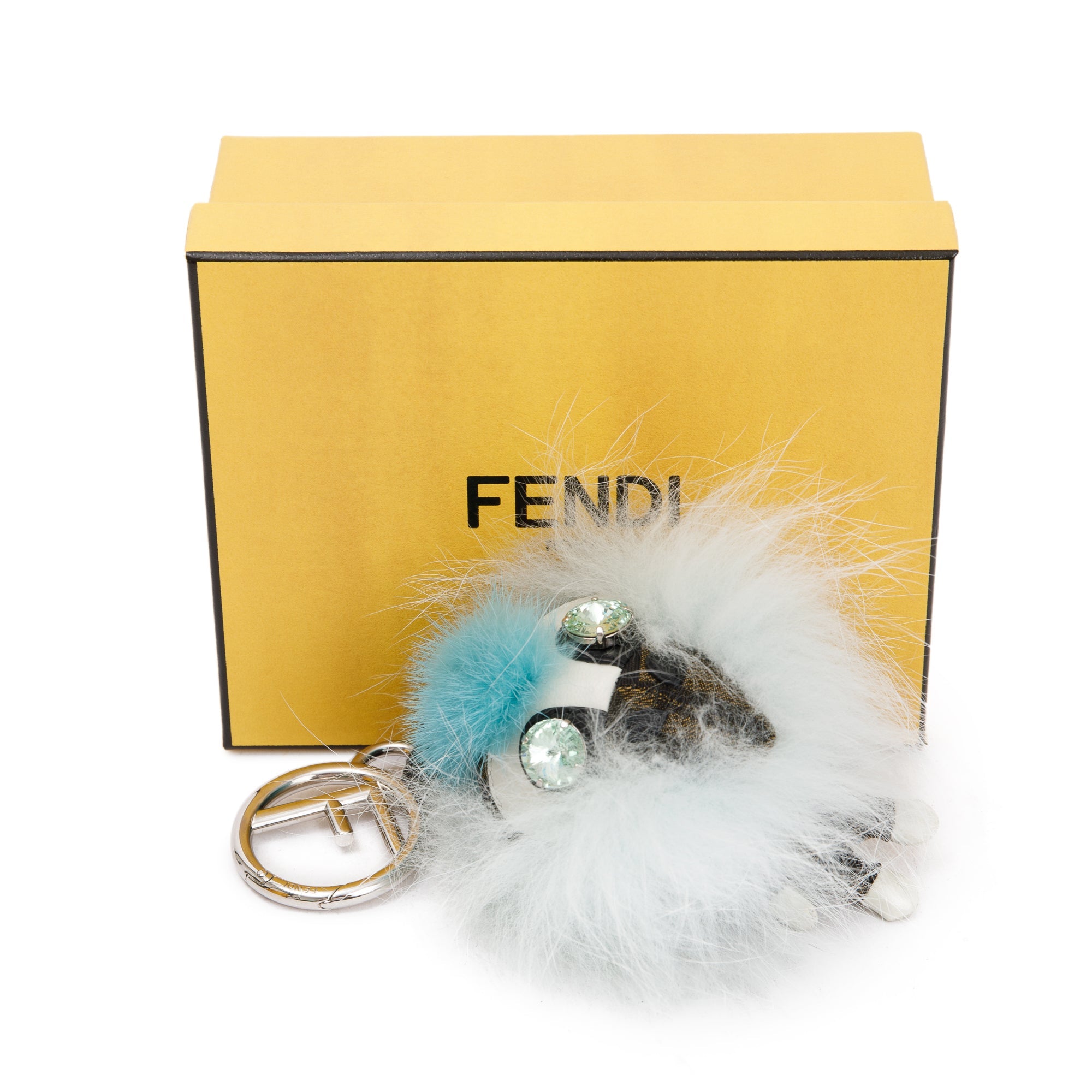 Fendi FF Zucca Canvas Mink Fox Fur Space Monkey Bag Charm w/ Box