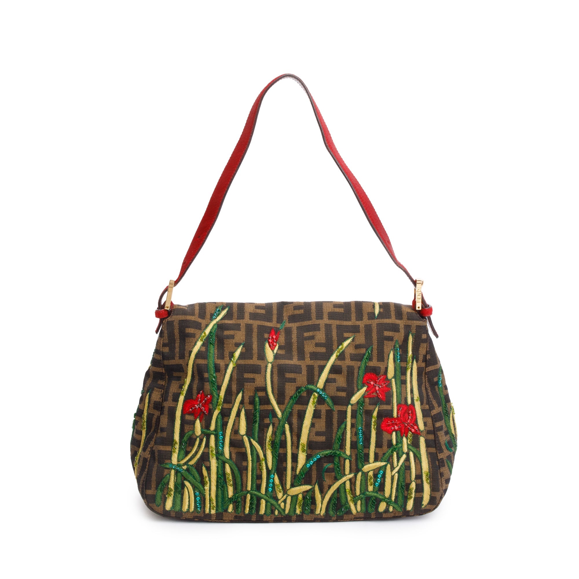 Fendi FF Zucca Floral Embroidered Beaded Mama Forever Baguette Shoulder Bag