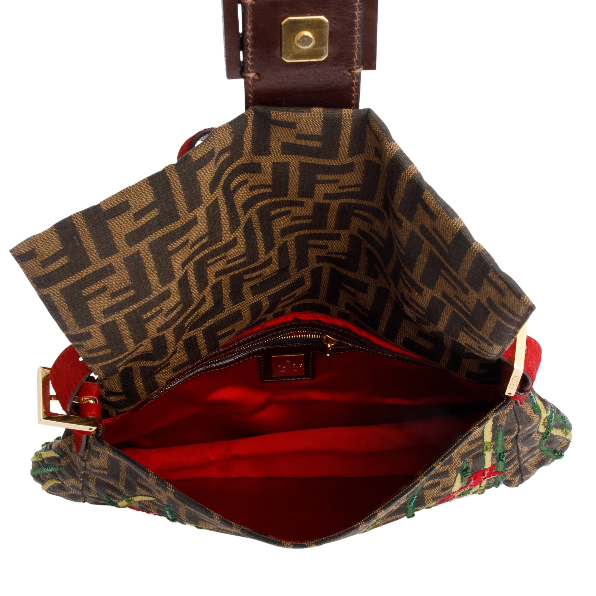Fendi FF Zucca Floral Embroidered Beaded Mama Forever Baguette Shoulder Bag