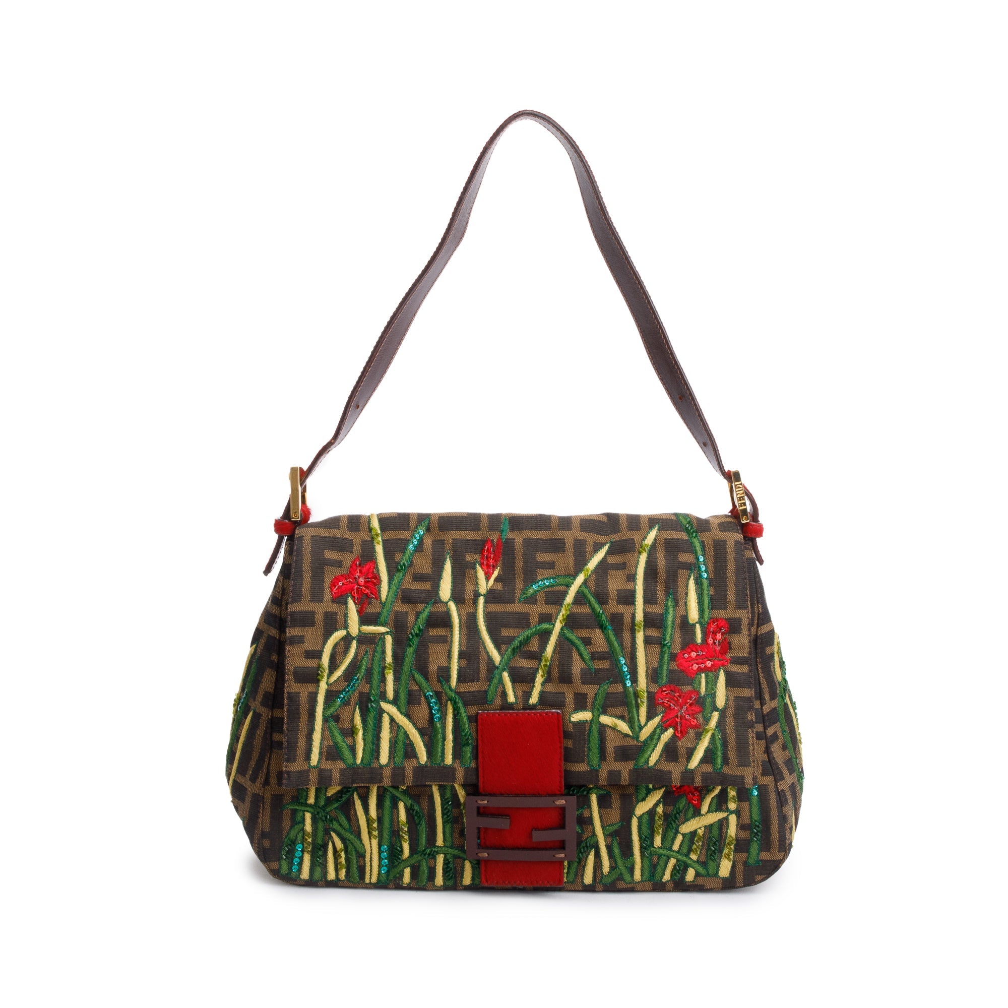 Fendi FF Zucca Floral Embroidered Beaded Mama Forever Baguette Shoulder Bag