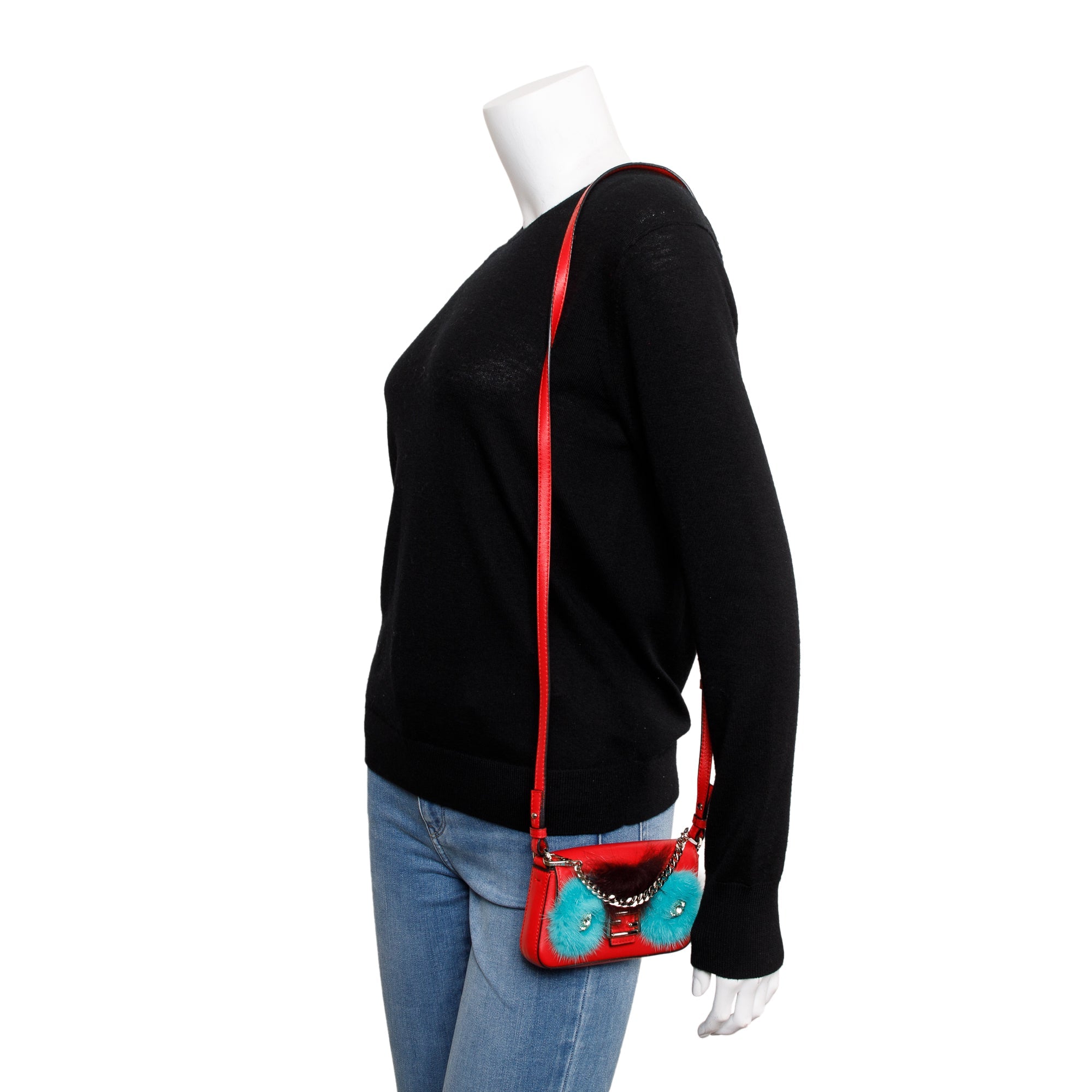 Fendi Fur-Trimmed Red Calfskin Leather Micro Buggie Baguette Crossbody