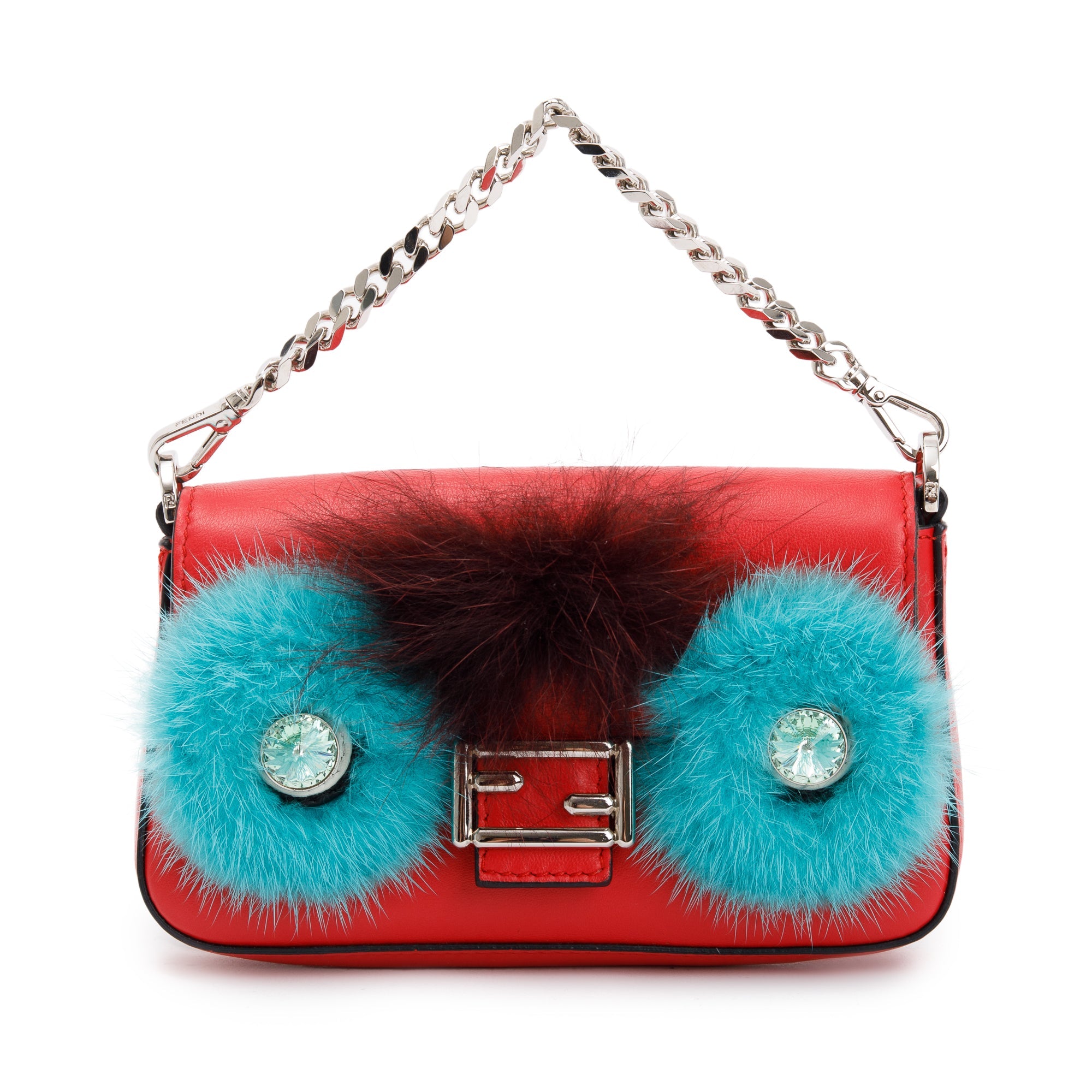 Fendi Fur-Trimmed Red Calfskin Leather Micro Buggie Baguette Crossbody