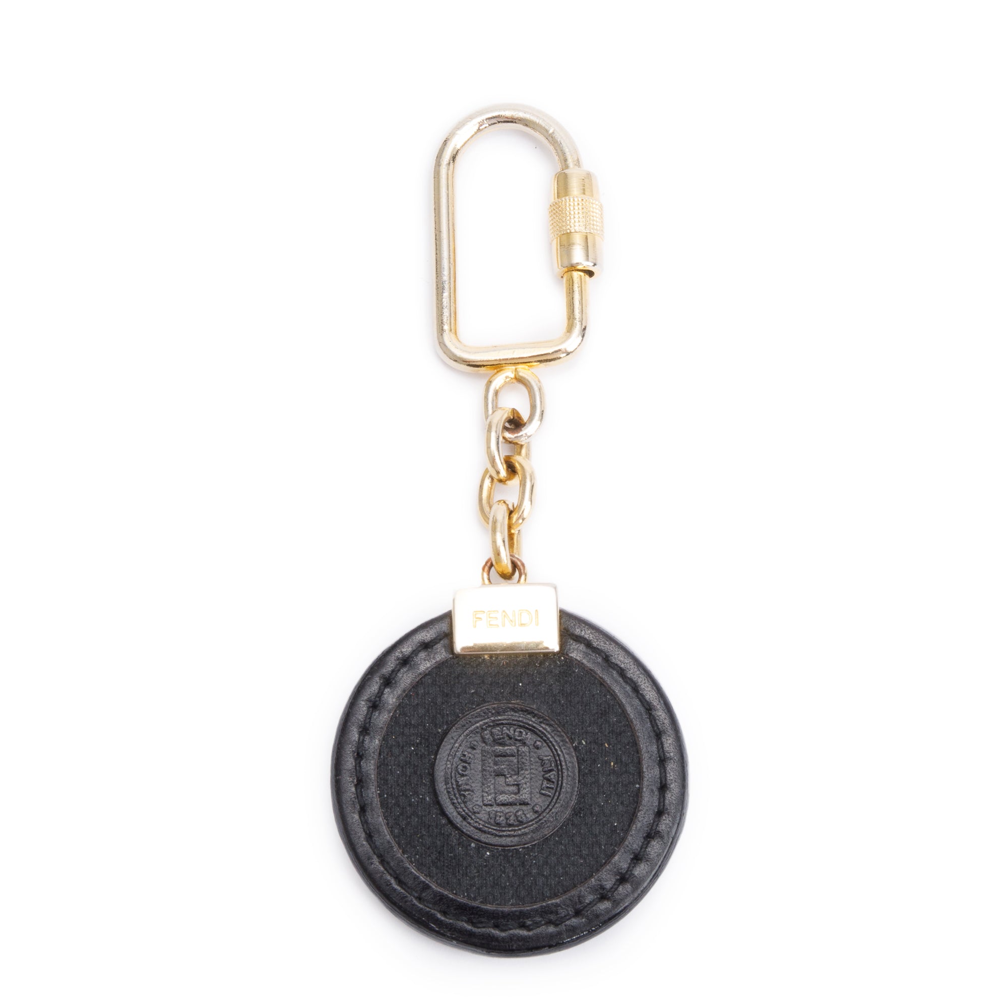 Fendi Gold-Plated Black Leather Logo Stamp Keychain