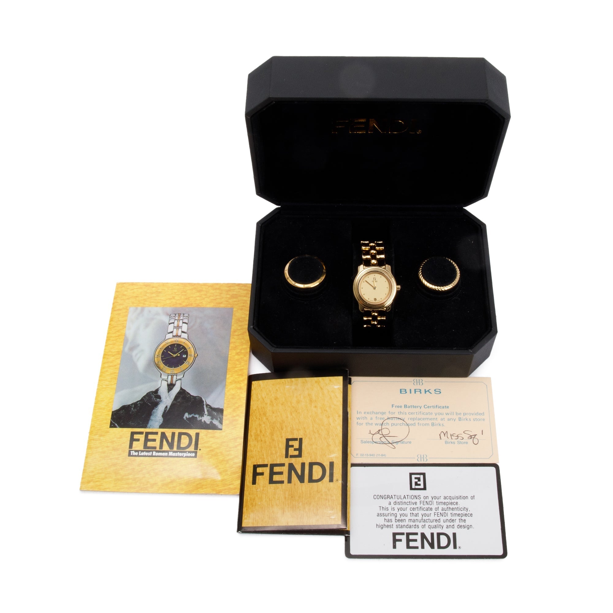 Fendi Gold-Plated Stainless Steel 860L Series 25 MM Watch w/ Box & 2 Bezels