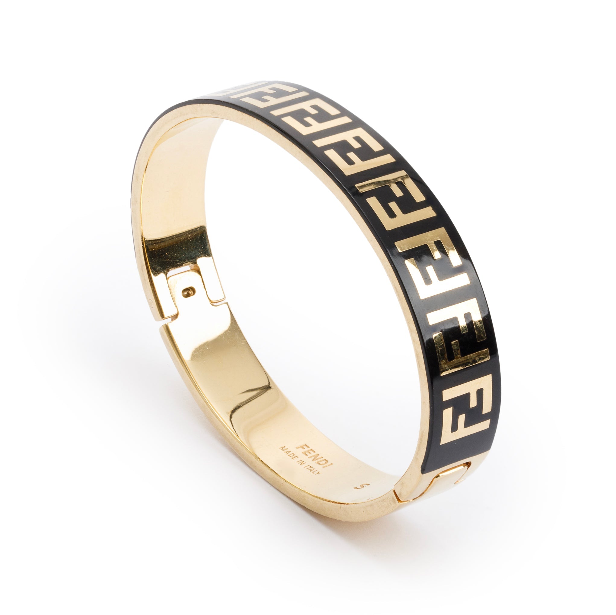 Fendi Gold-Tone Metal & Black Enamel Forever Fendi Hinged Bangle
