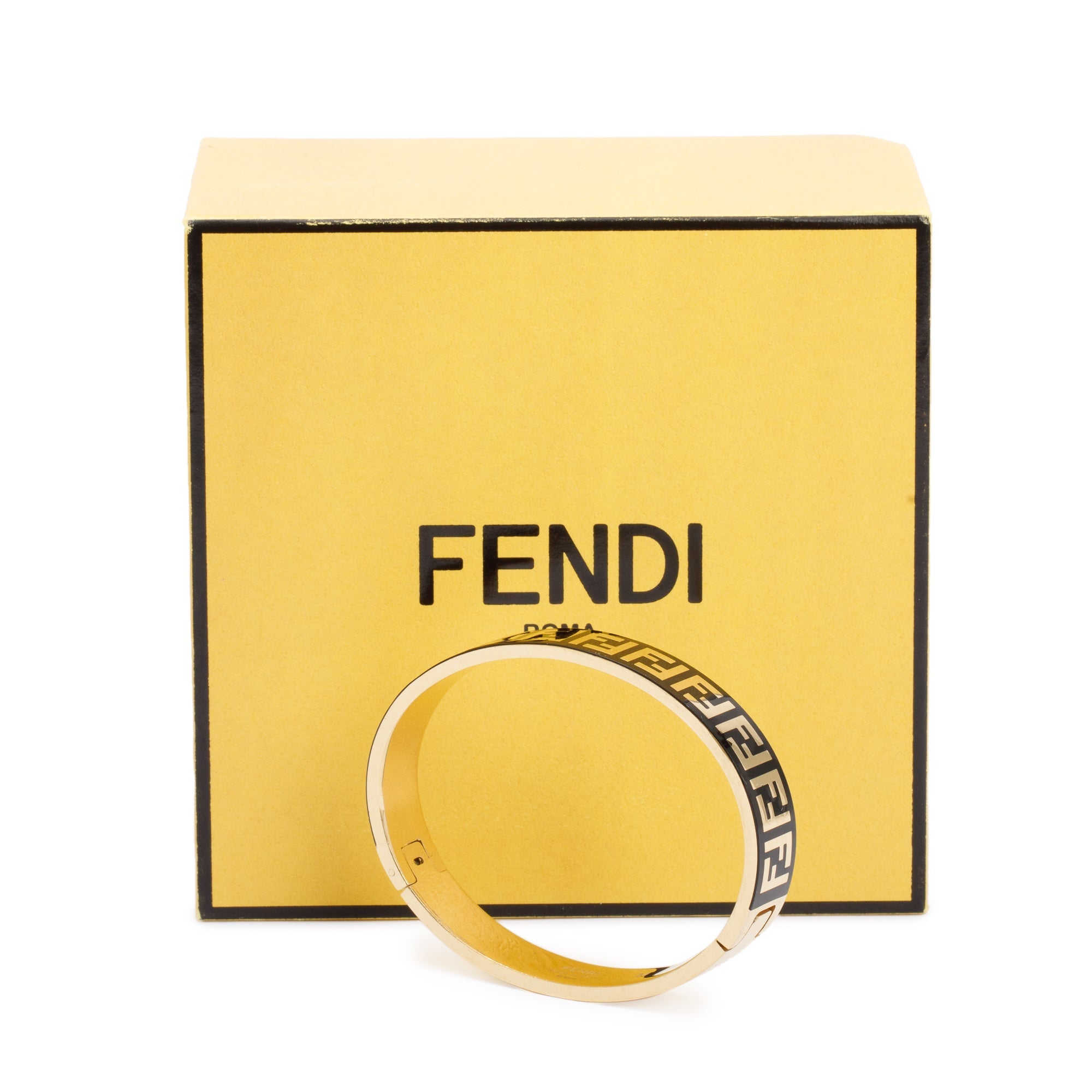 Fendi Gold-Tone Metal & Black Enamel Forever Fendi Hinged Bangle w/ Box