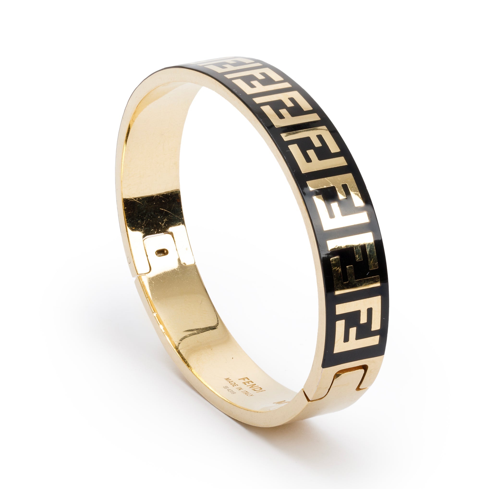 Fendi Gold-Tone Metal & Black Enamel Forever Fendi Hinged Bangle w/ Box
