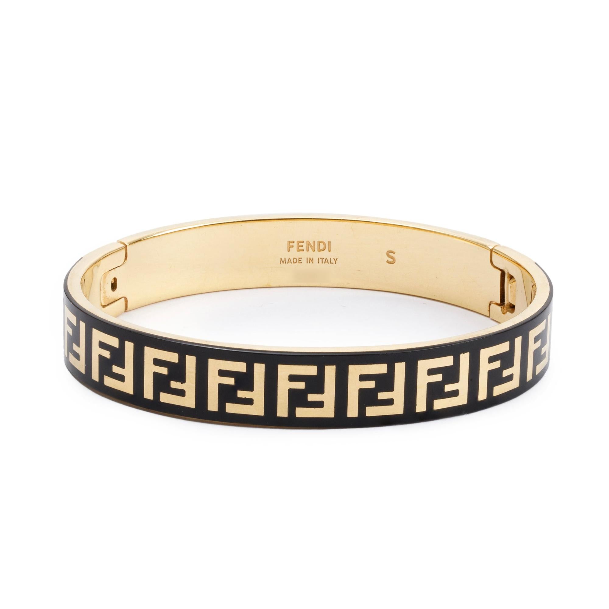 Fendi Gold-Tone Metal & Black Enamel Forever Fendi Hinged Bangle