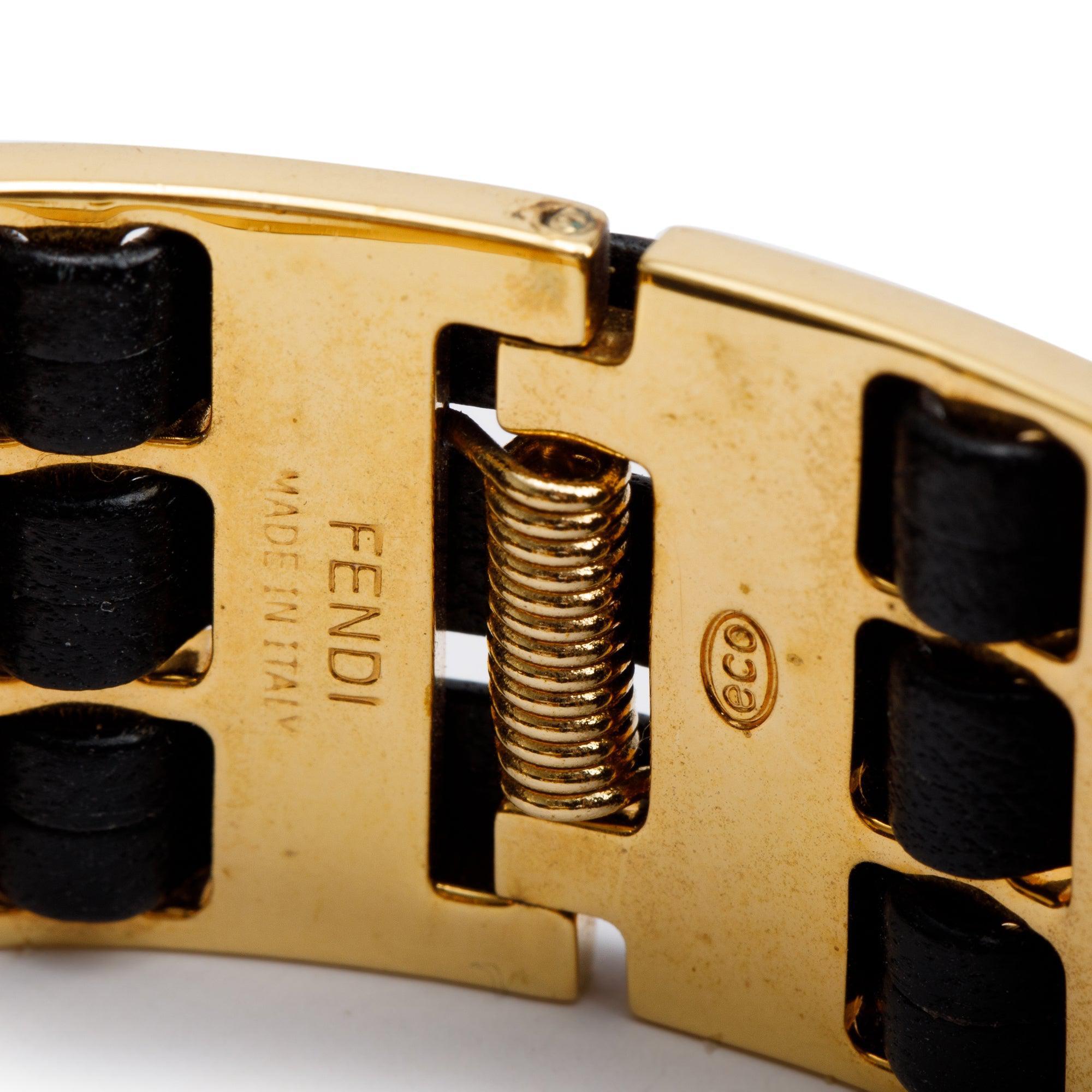 Fendi Gold-Tone Metal & Black Leather Fendista Braided Cuff Bracelet