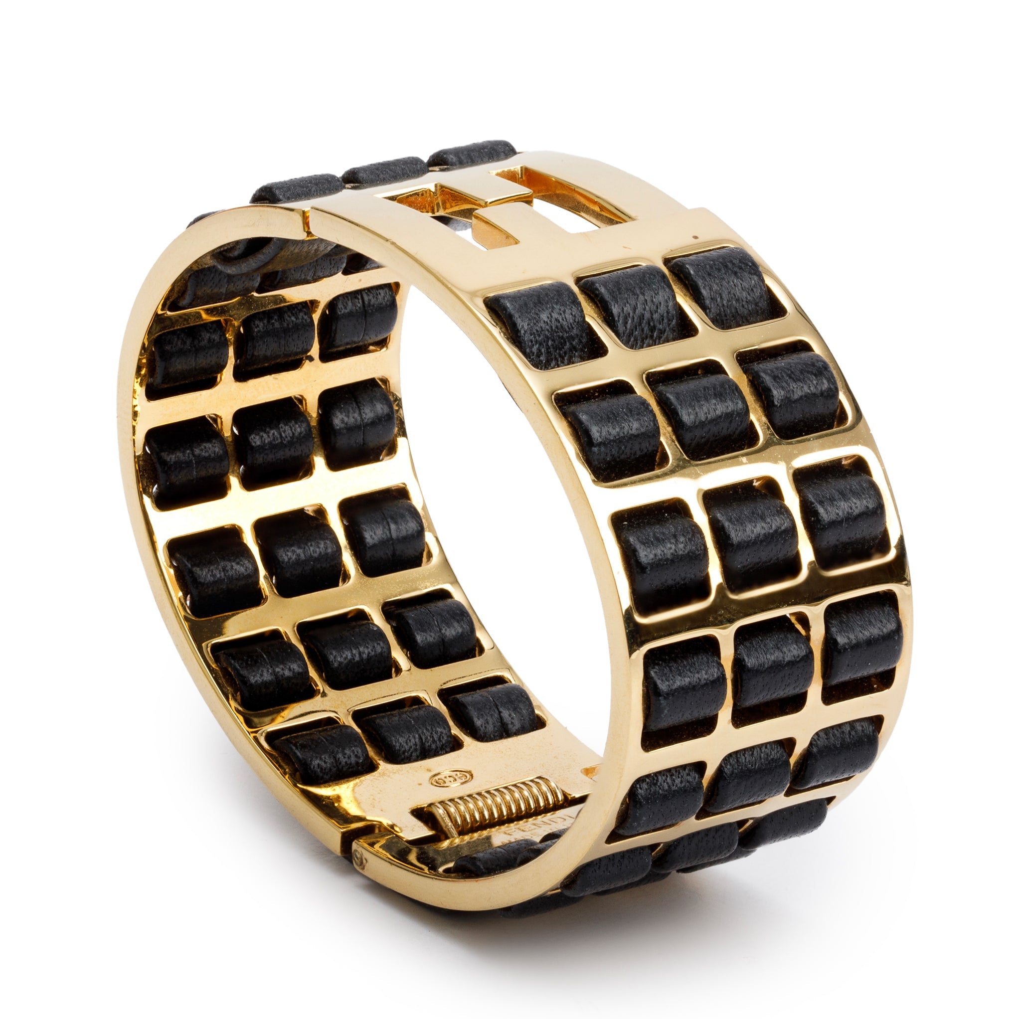 Fendi Gold-Tone Metal & Black Leather Fendista Braided Cuff Bracelet