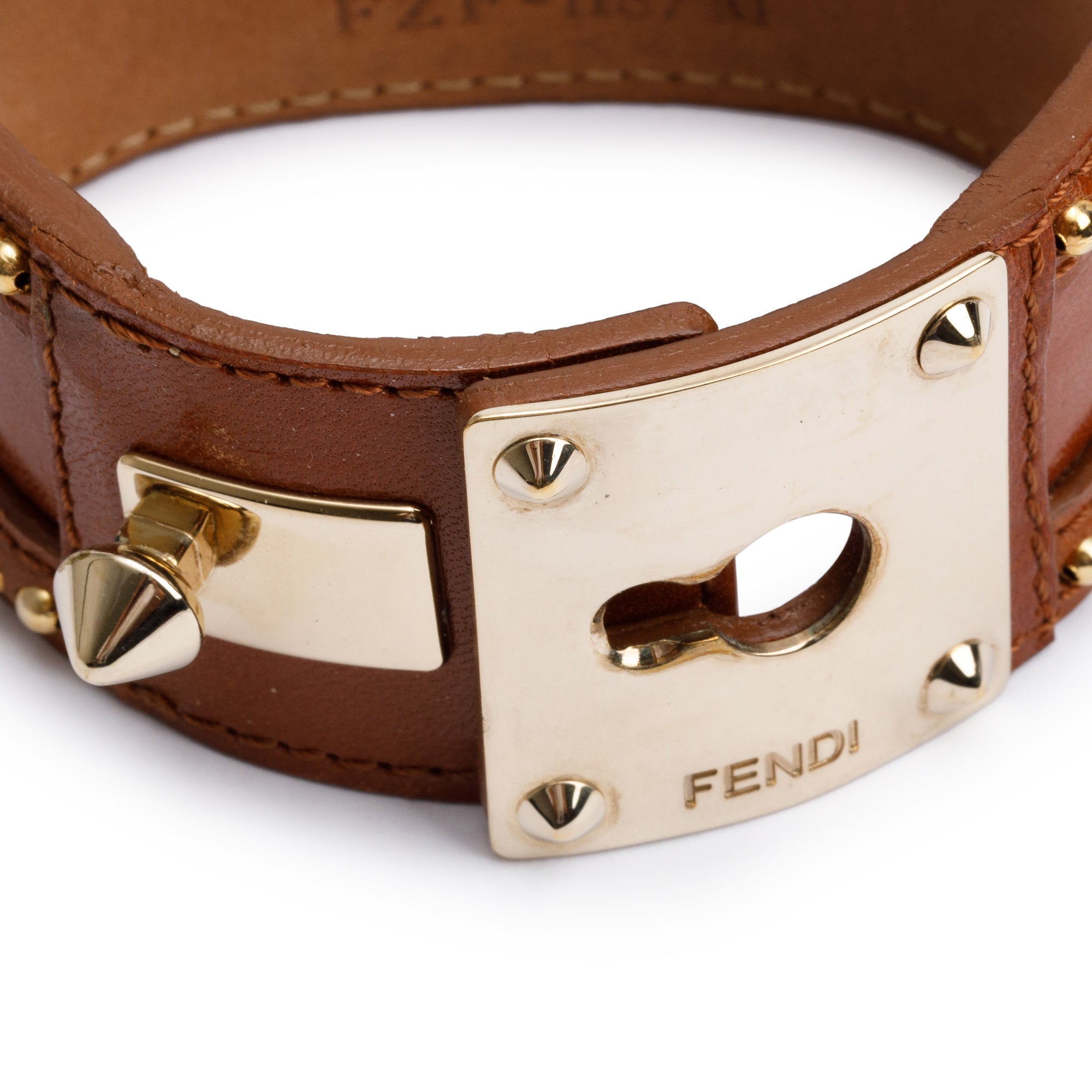 Fendi Gold-Tone Metal Brown Leather Goldmine Studded Wide Bracelet, Size M