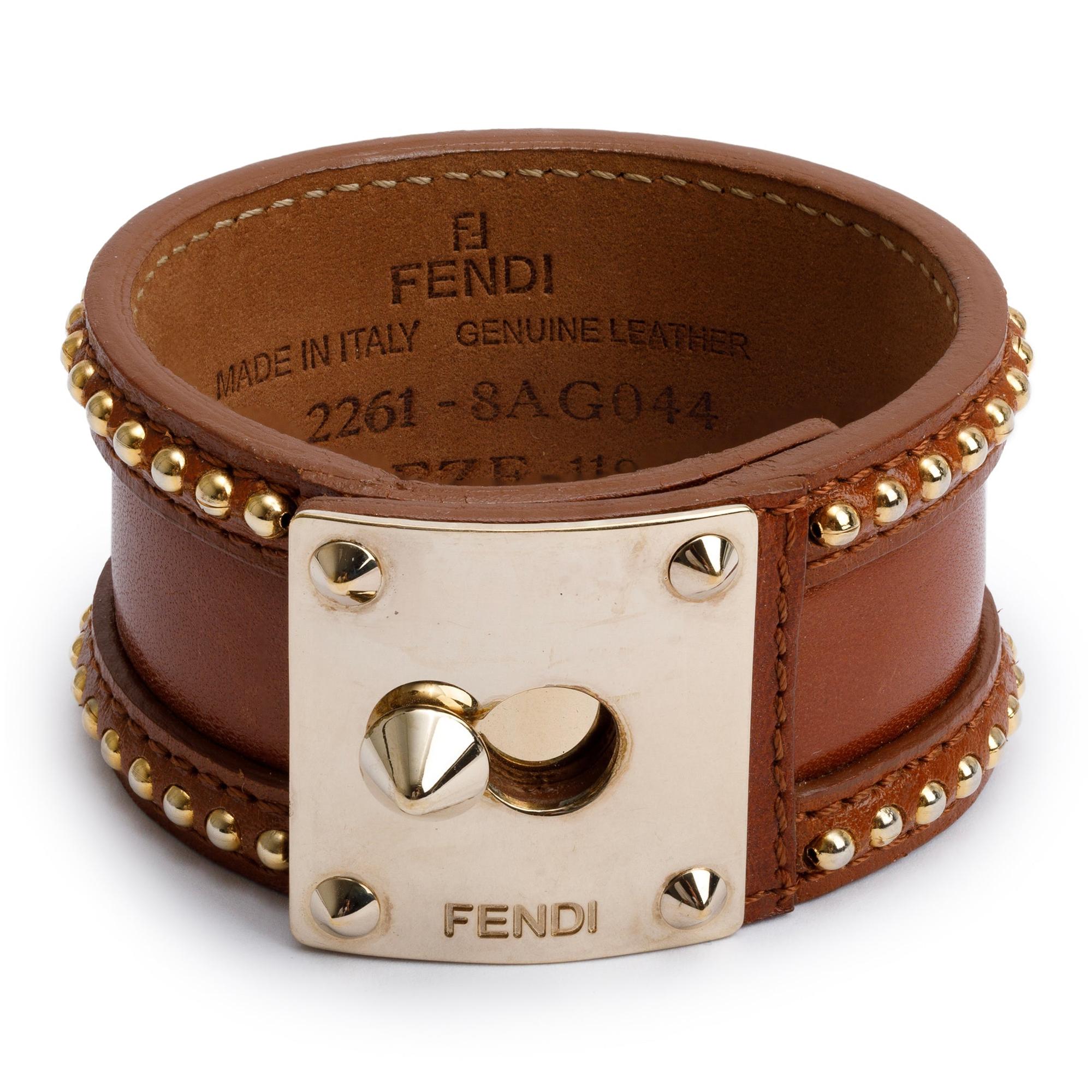 Fendi Gold-Tone Metal Brown Leather Goldmine Studded Wide Bracelet, Size M