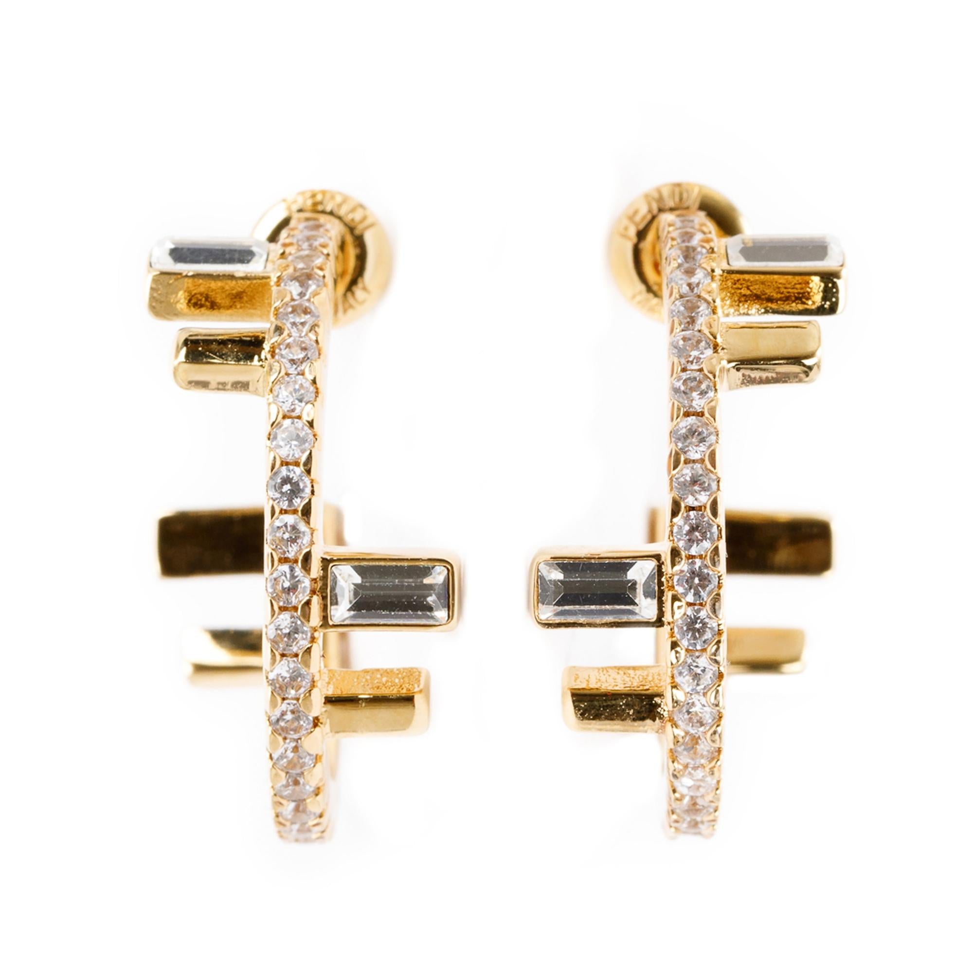 Fendi Gold-Tone Metal Crystal Fendi First Earrings w/ Box