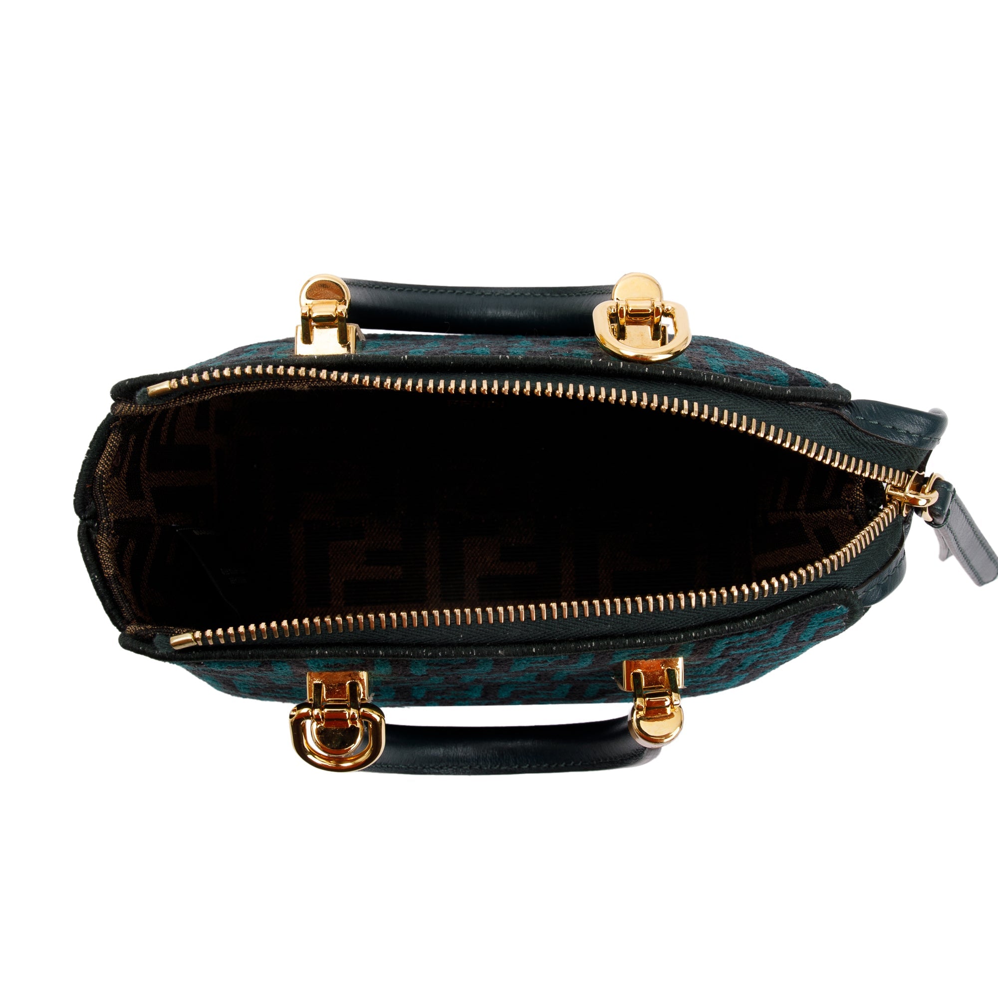 Fendi Green FF Motif Tapestry Fabric By the Way Mini Boston Bag w/ Strap & Box