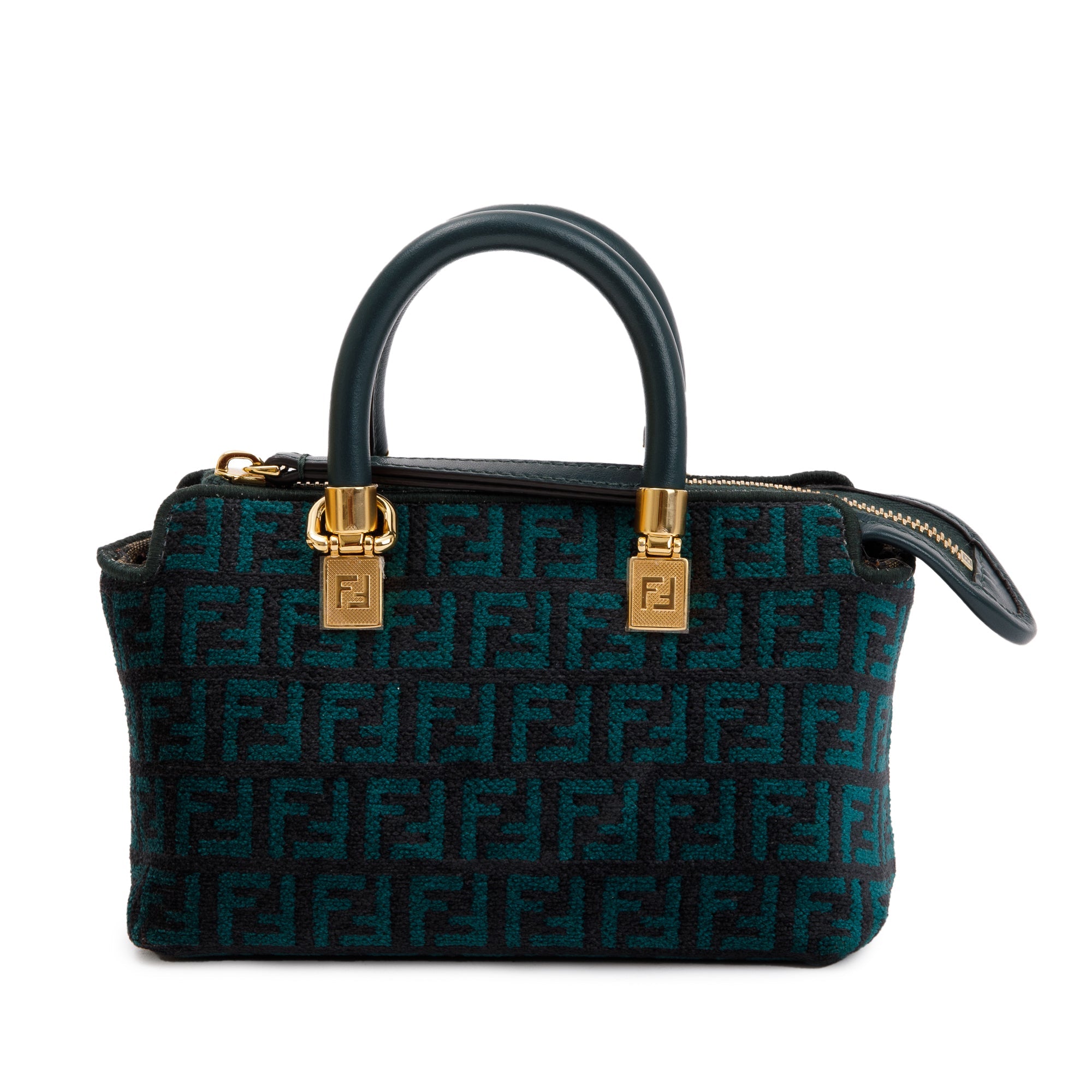 Fendi Green FF Motif Tapestry Fabric By the Way Mini Boston Bag w/ Strap & Box