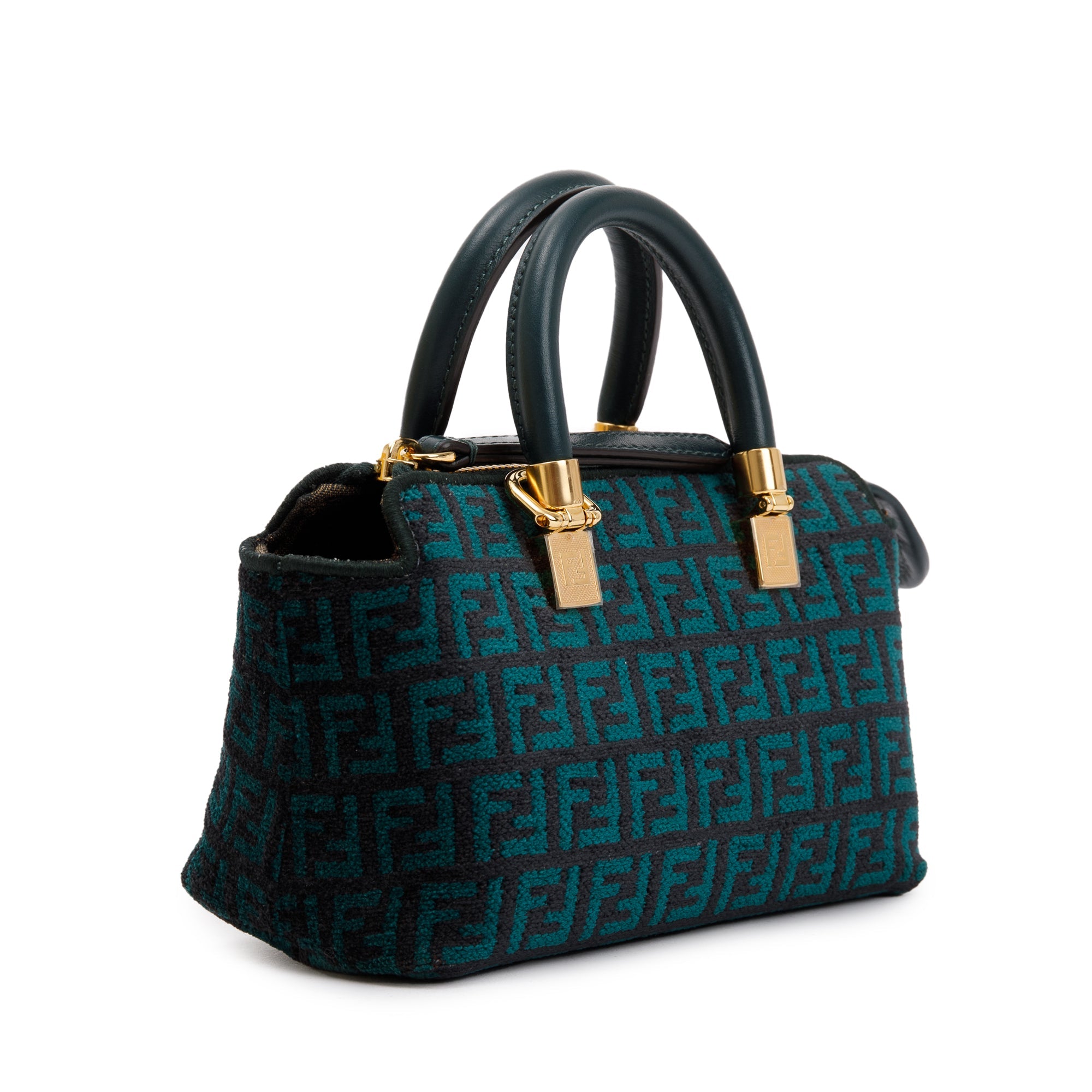 Fendi Green FF Motif Tapestry Fabric By the Way Mini Boston Bag w/ Strap & Box