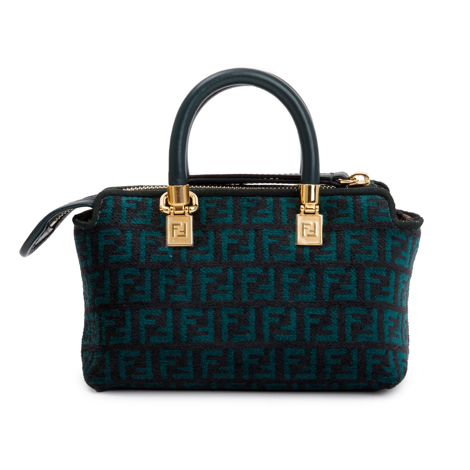 Fendi Green FF Motif Tapestry Fabric By the Way Mini Boston Bag w/ Strap & Box