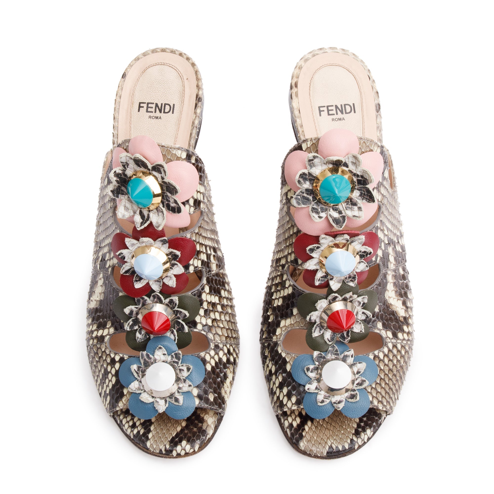 Fendi Grey Python Flowerland Embellished Heeled Slide Sandals, Size 35 w/ Box
