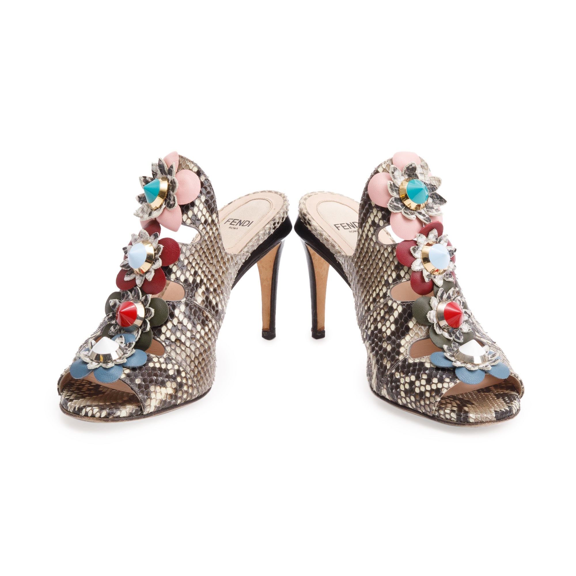Fendi Grey Python Flowerland Embellished Heeled Slide Sandals, Size 35 w/ Box