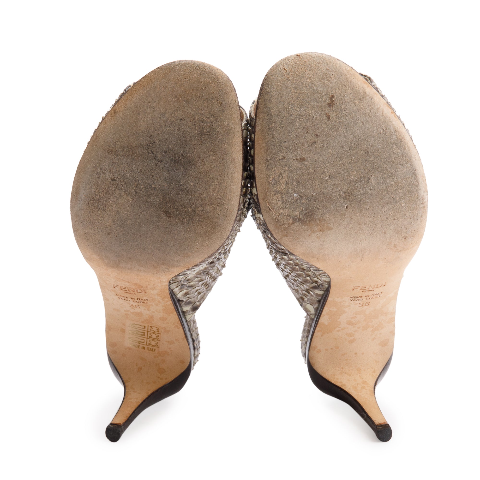 Fendi Grey Python Flowerland Embellished Heeled Slide Sandals, Size 35 w/ Box