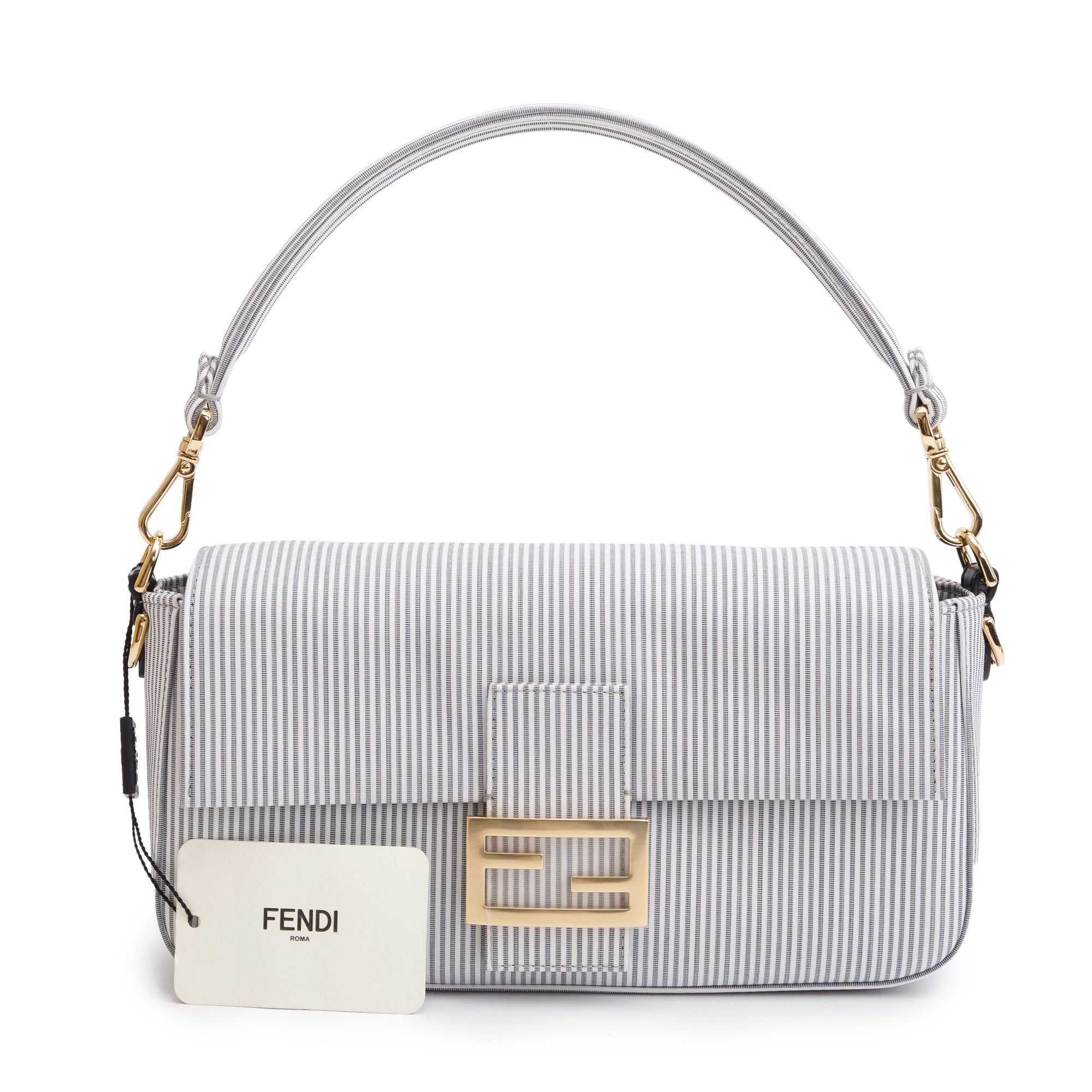 Fendi Grey/White Striped Cotton Cuoio Betagna Baguette Grigio Shoulder Bag w/ Box