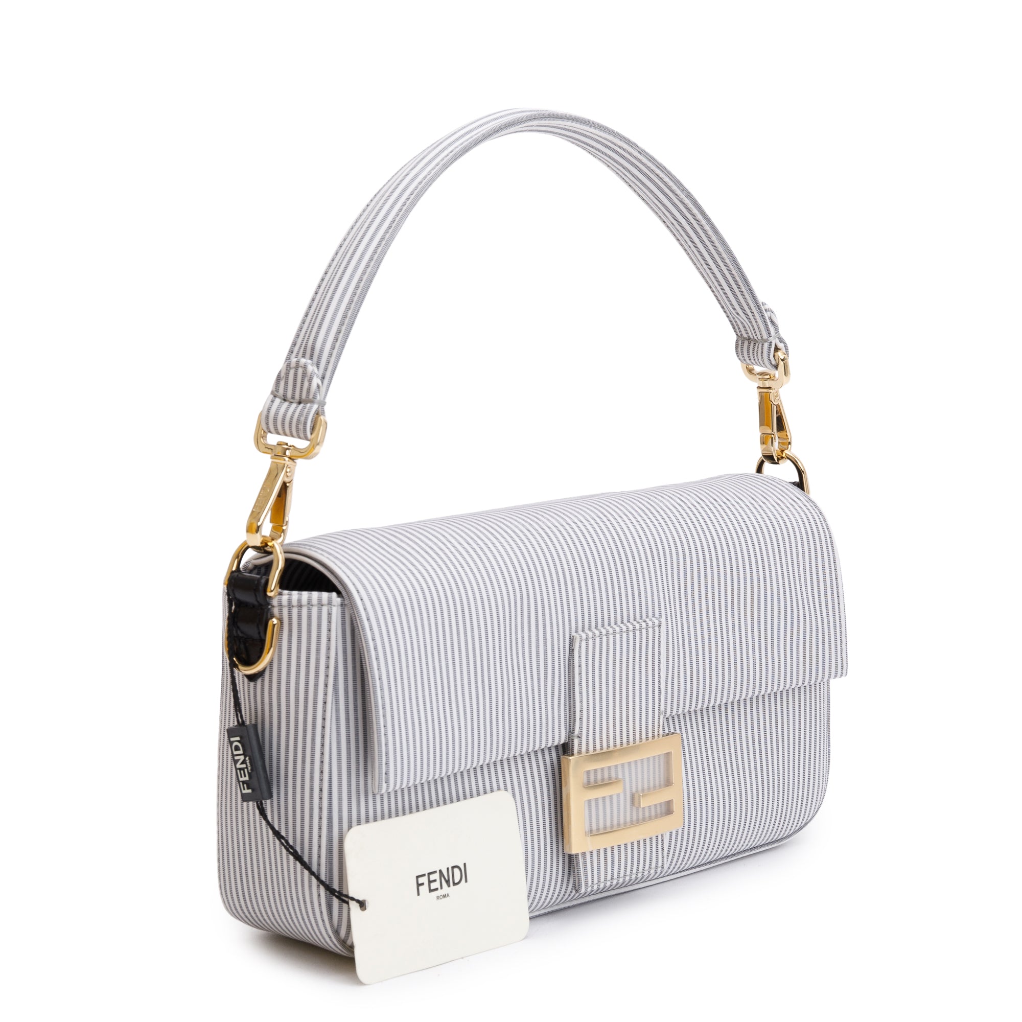 Fendi Grey/White Striped Cotton Cuoio Betagna Baguette Grigio Shoulder Bag w/ Box