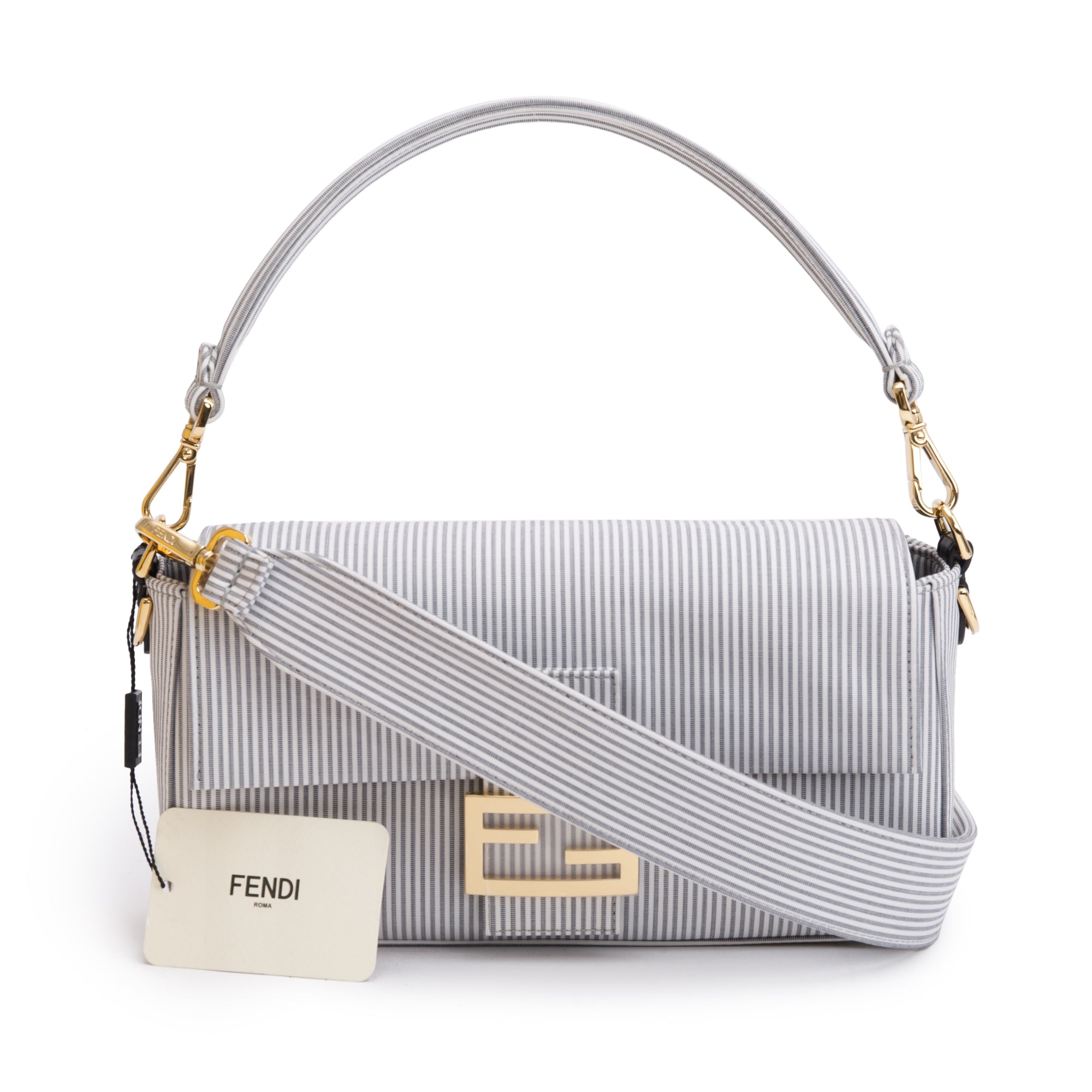 Fendi Grey/White Striped Cotton Cuoio Betagna Baguette Grigio Shoulder Bag w/ Box