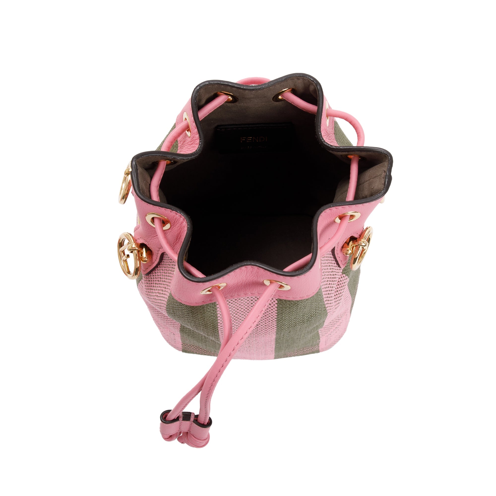 Fendi Military Rosa Lollypop Raffia Vitello Seta F is Fendi Pequin Gingham Woven Mini Mon Tresor Bucket Bag