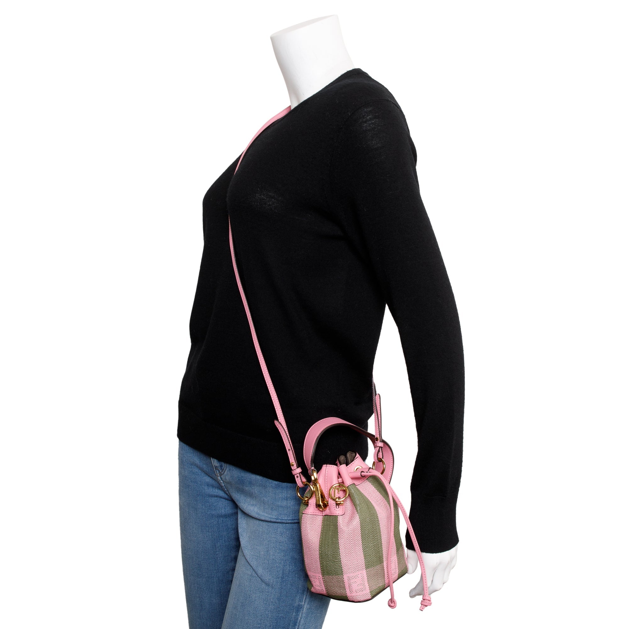 Fendi Military Rosa Lollypop Raffia Vitello Seta F is Fendi Pequin Gingham Woven Mini Mon Tresor Bucket Bag