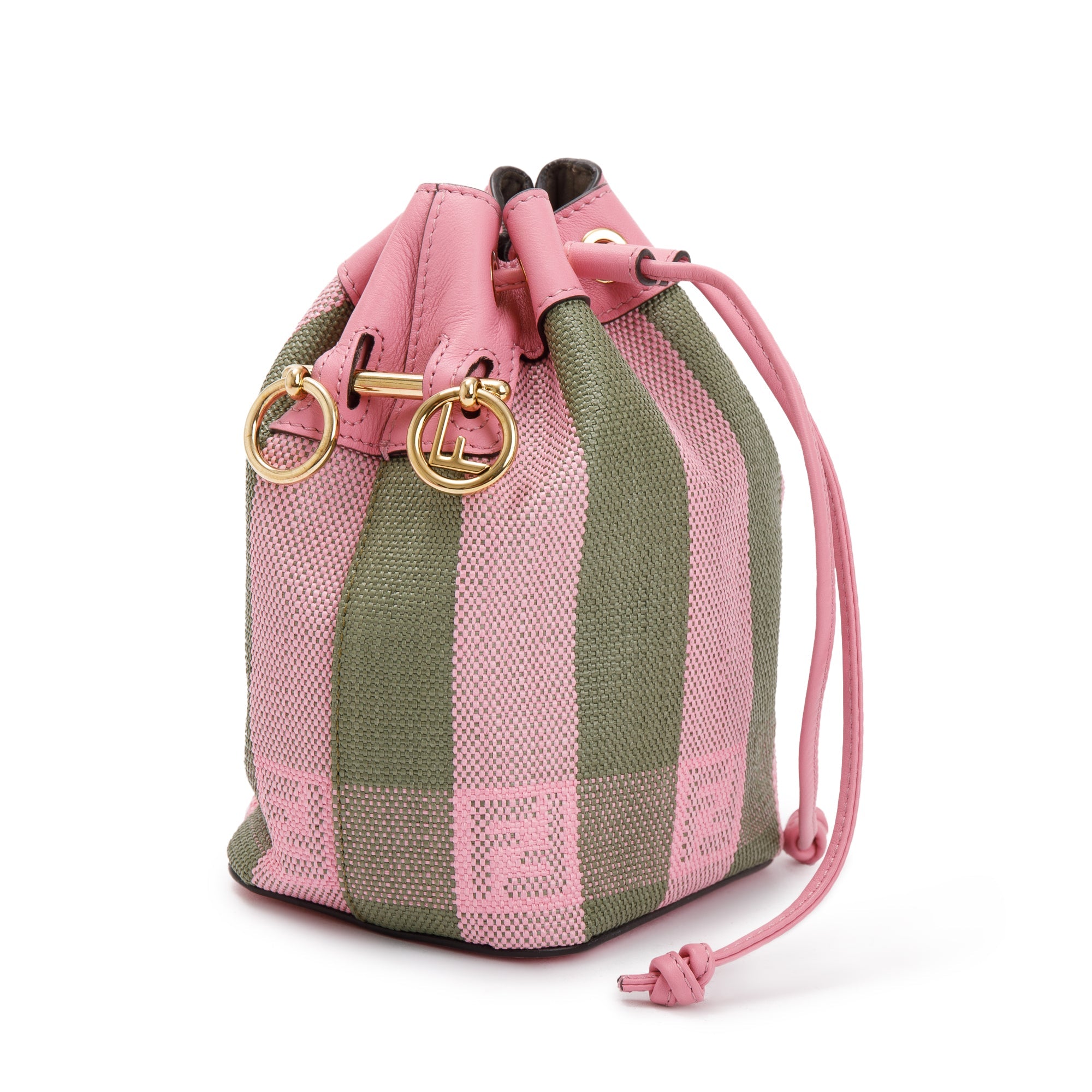 Fendi Military Rosa Lollypop Raffia Vitello Seta F is Fendi Pequin Gingham Woven Mini Mon Tresor Bucket Bag