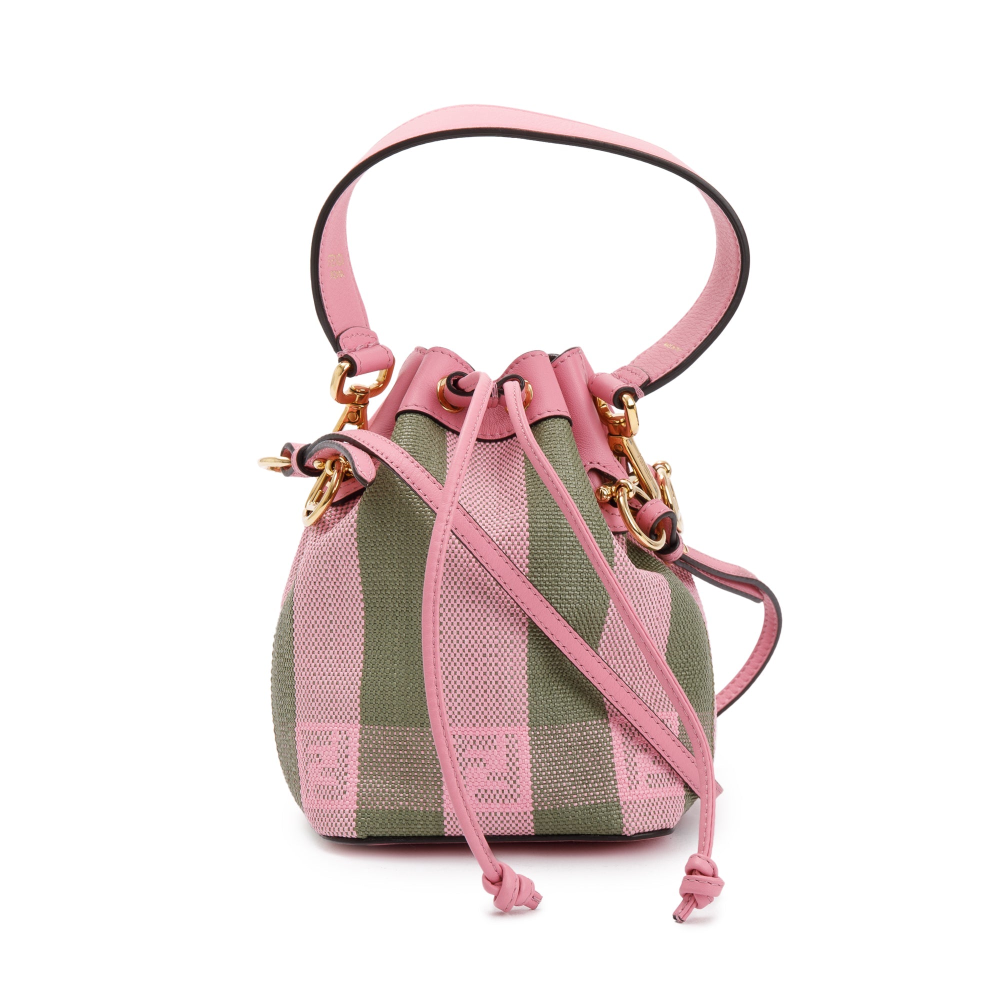 Fendi Military Rosa Lollypop Raffia Vitello Seta F is Fendi Pequin Gingham Woven Mini Mon Tresor Bucket Bag