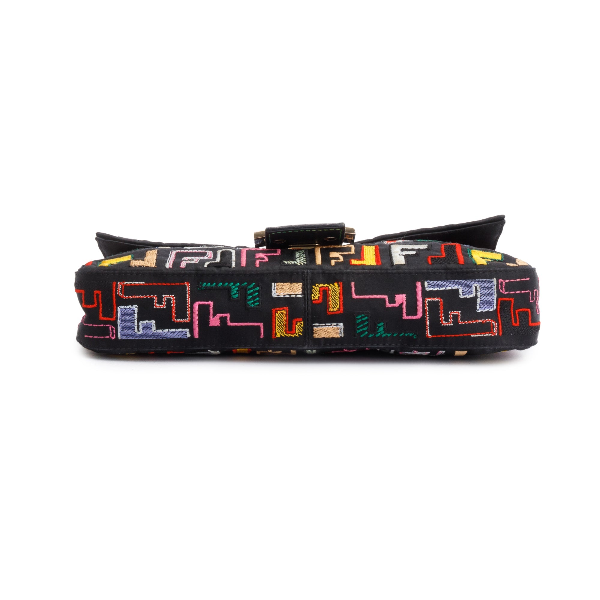 Fendi Multicolor Embroidered FF Zucca Satin Black Leather Trim Baguette Bag w/ Strap