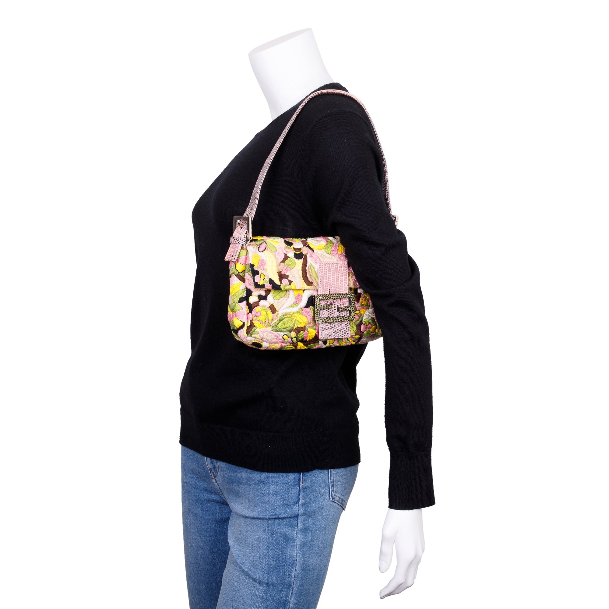 Fendi Multicolour Lizard Embroiderd Flower Baguette Shoulder Bag