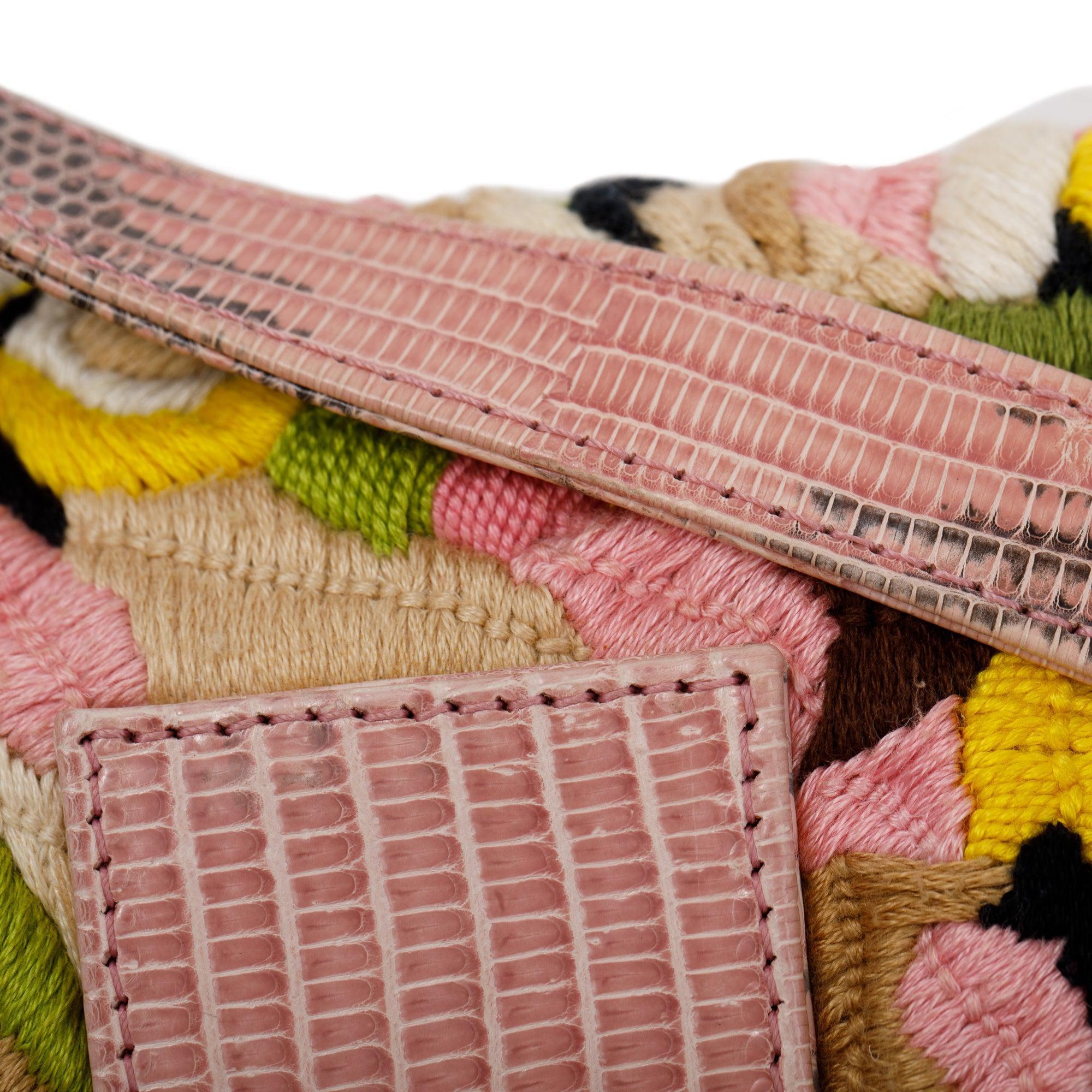 Fendi Multicolour Lizard Embroiderd Flower Baguette Shoulder Bag