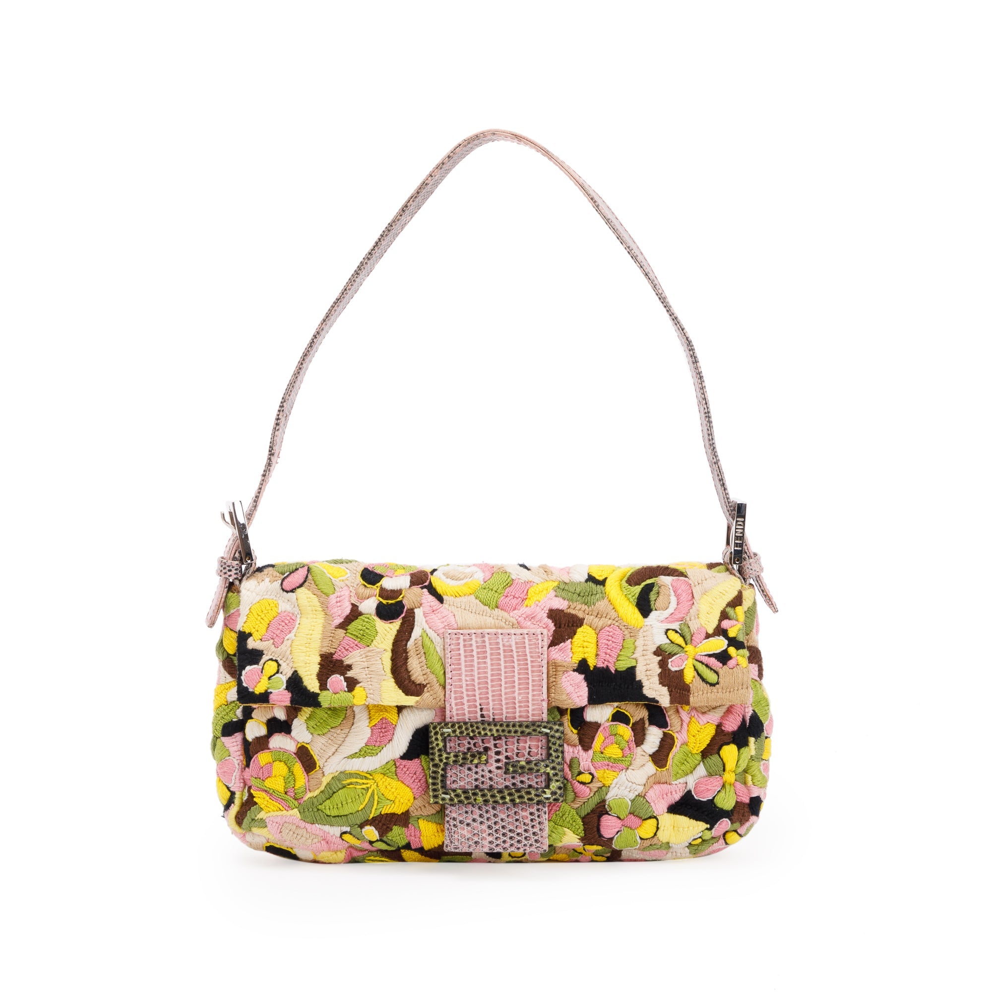 Fendi Multicolour Lizard Embroiderd Flower Baguette Shoulder Bag