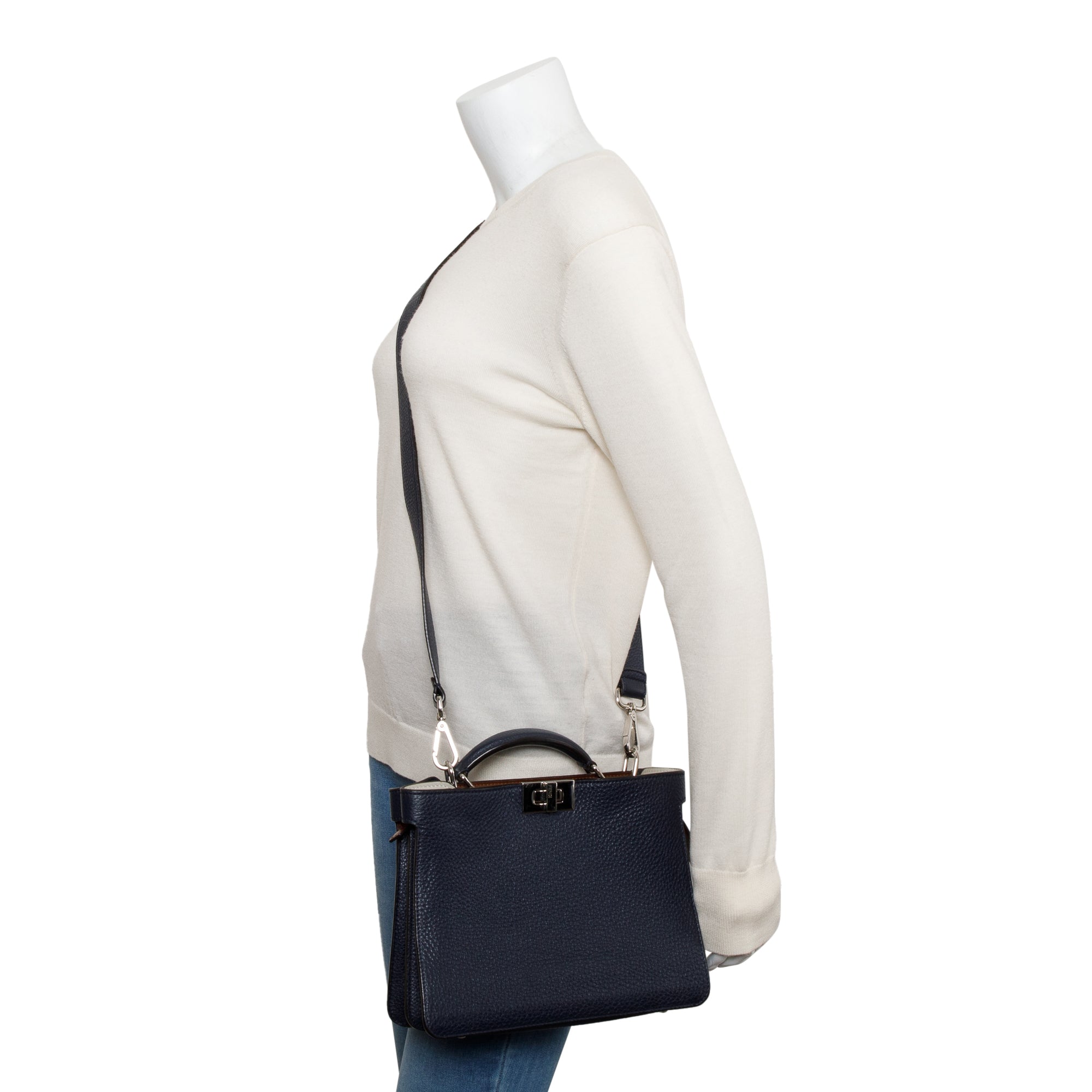 Fendi Navy Calfskin Leather Mini Peekaboo ISeeU Bag w/ Strap & Pouch