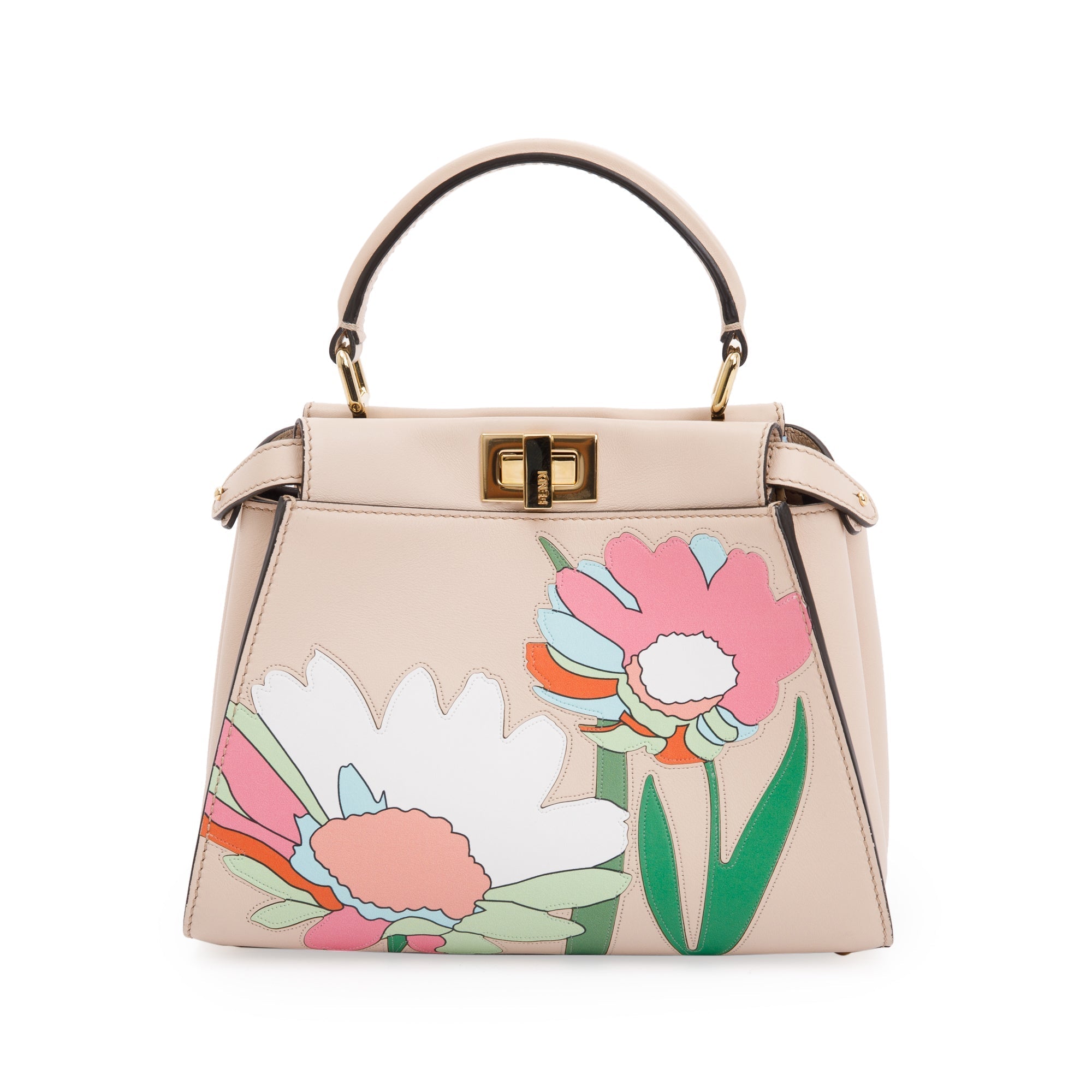 Fendi Neutral Calfskin Leather Floral Inlay Mini Peekaboo Bag w/ Strap